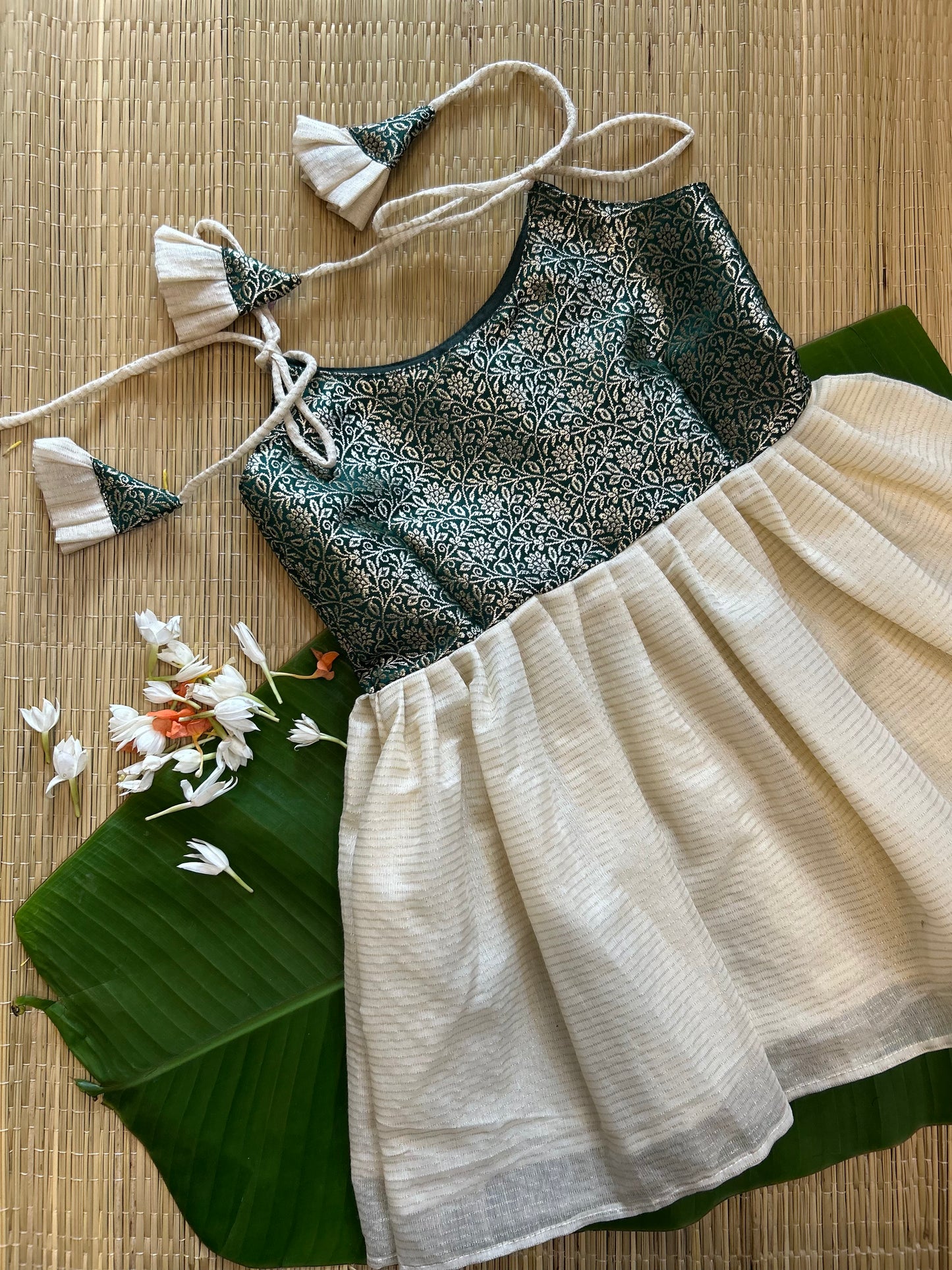Kerala Special - Bottle green with milk white frock for festivals with head bow, shoes and undie