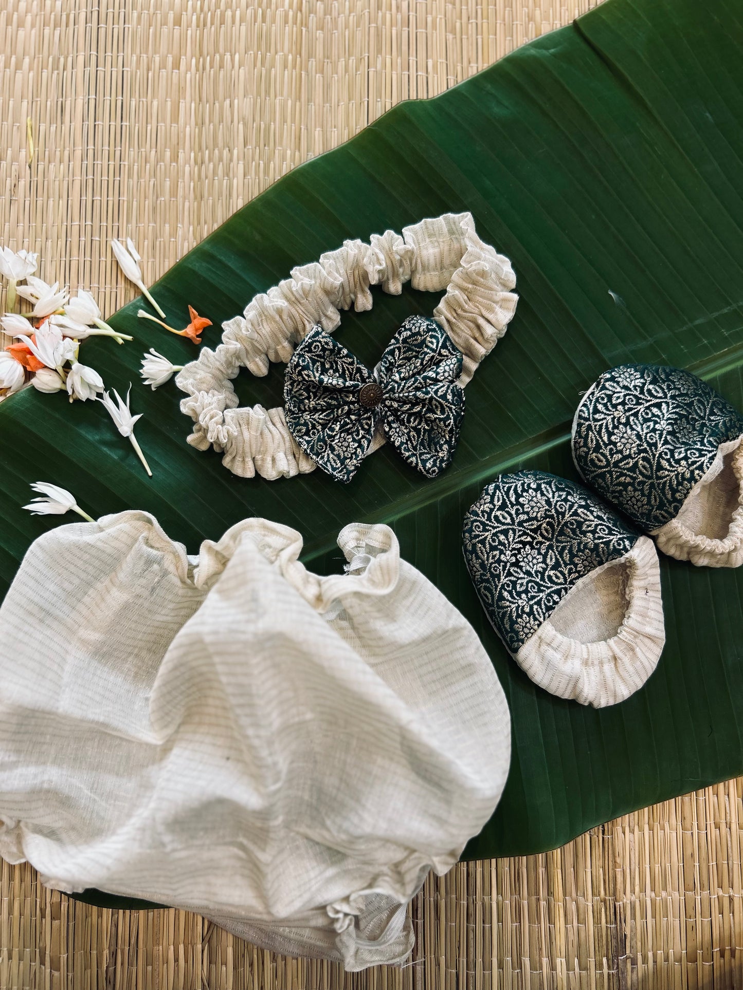 Kerala Special - Bottle green with milk white frock for festivals with head bow, shoes and undie