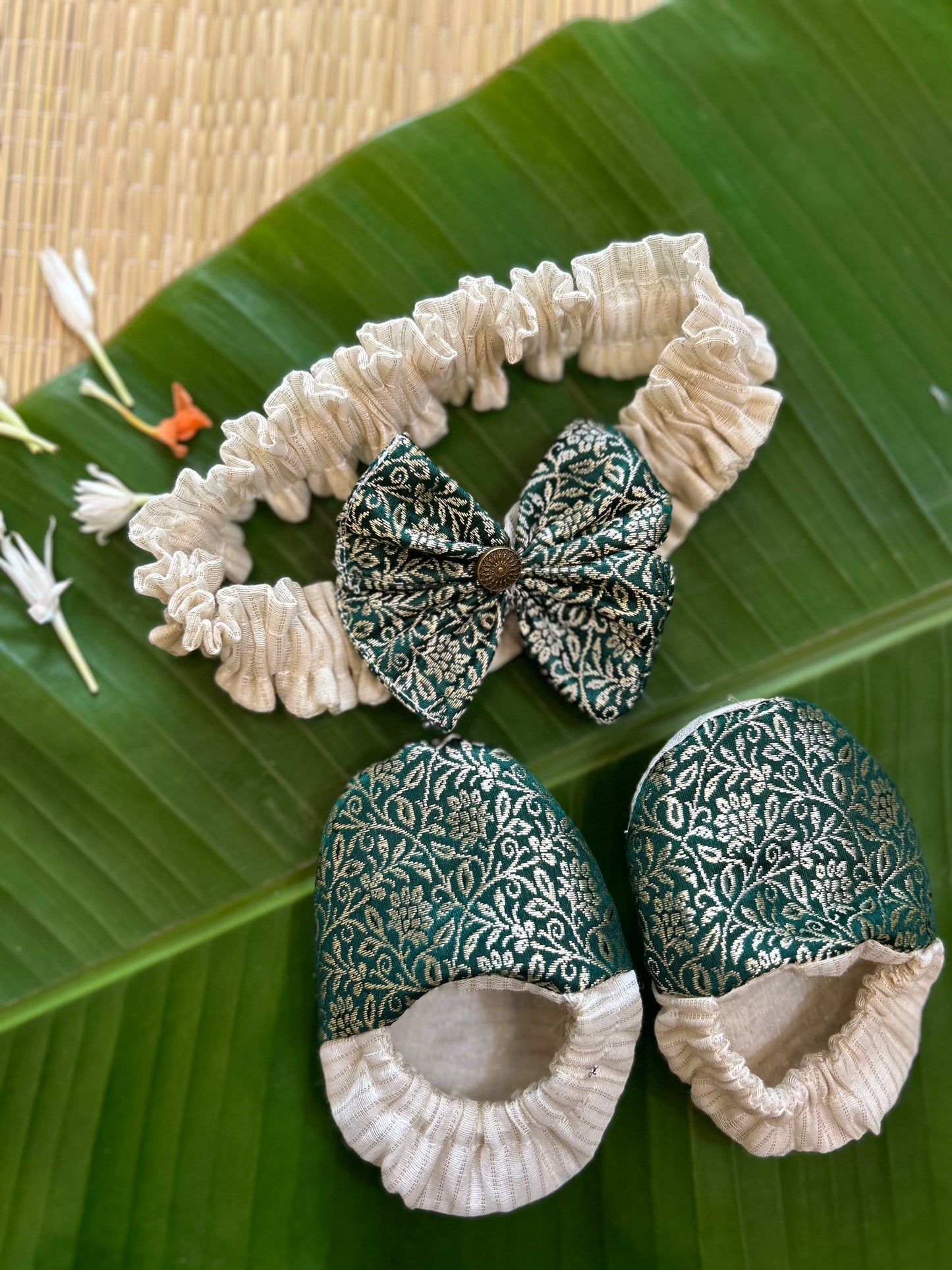 Kerala Special - Bottle green with milk white frock for festivals with head bow, shoes and undie for baby girl
