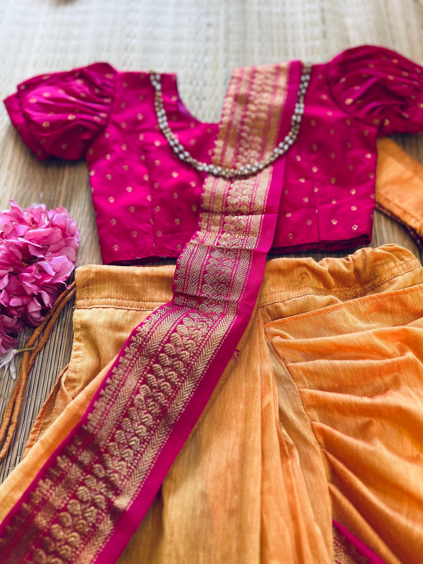 Mango Yellow and pink - cotton silk saree mom and daughter combo set