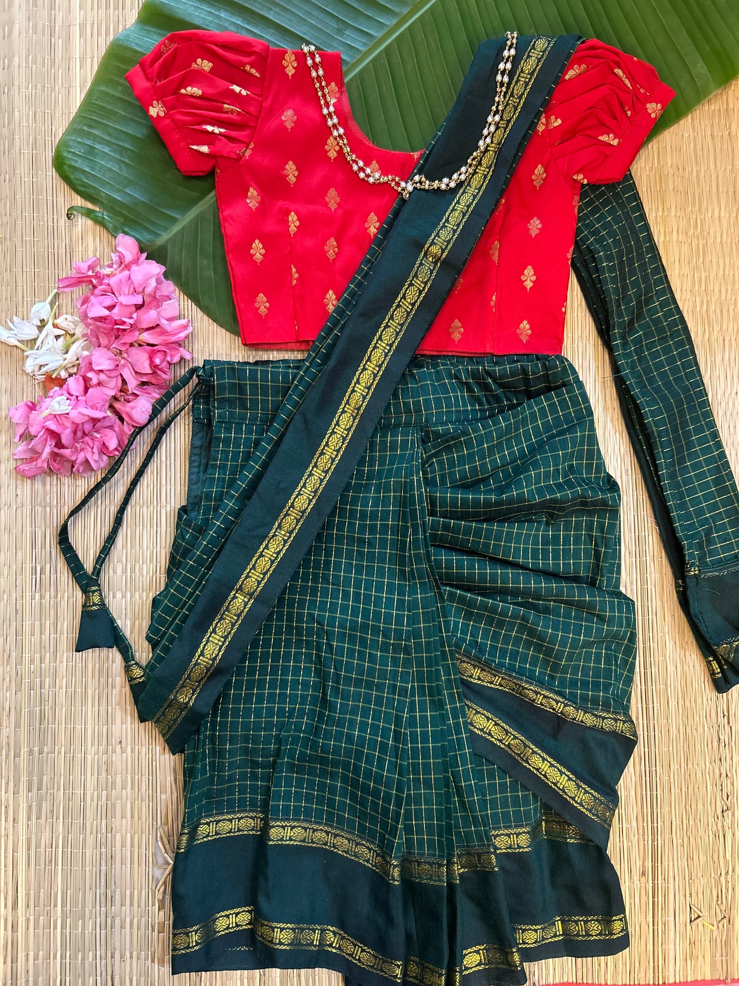 Bottle green and red - Ready to wear muttukattam saree for kids Ethnic wear for baby girl