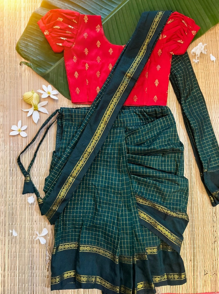 Bottle green and red - Ready to wear muttukattam saree for kids Ethnic wear for baby girl