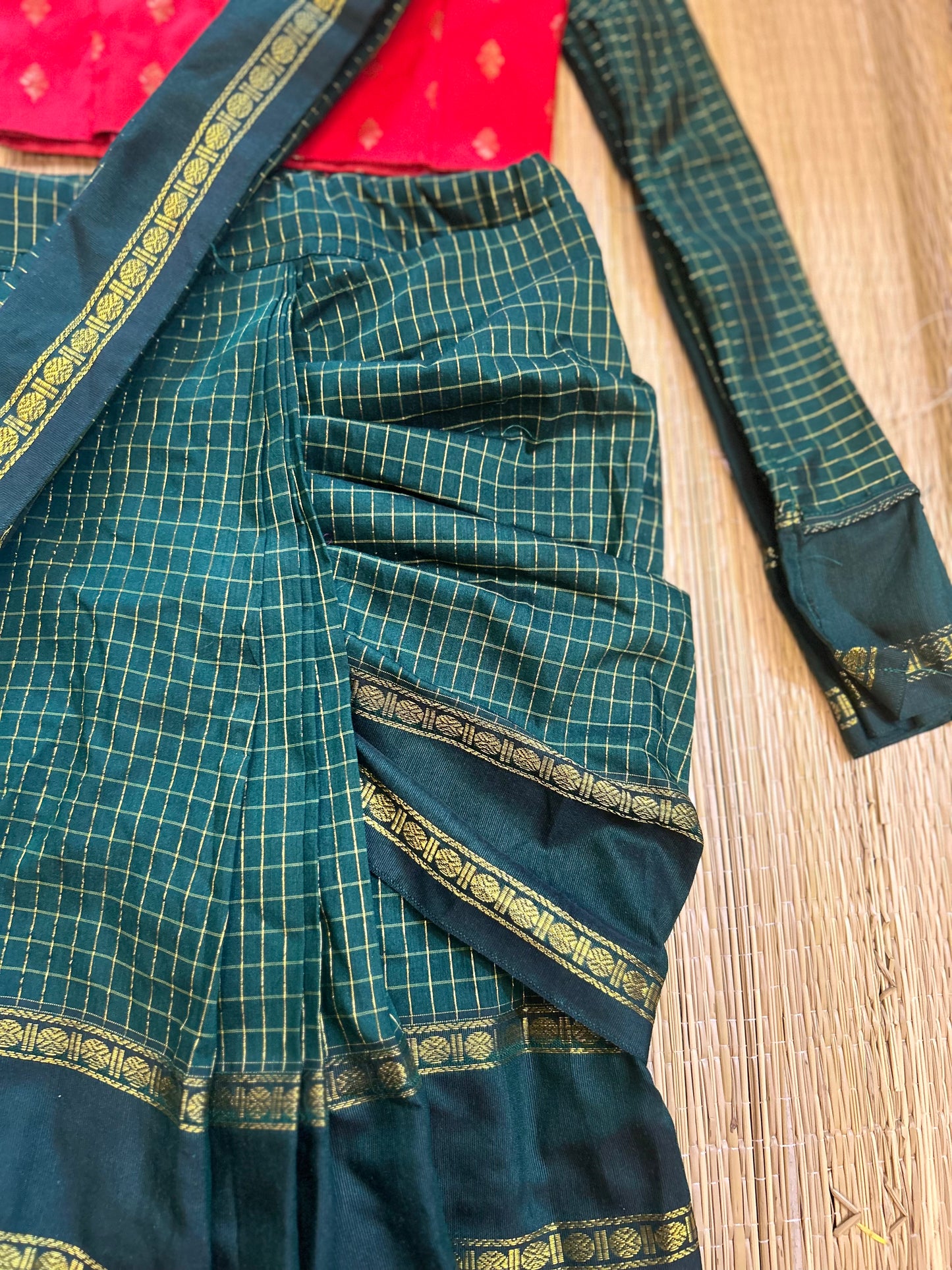 Bottle green and red - Ready to wear muttukattam saree for kids Ethnic wear for baby girl