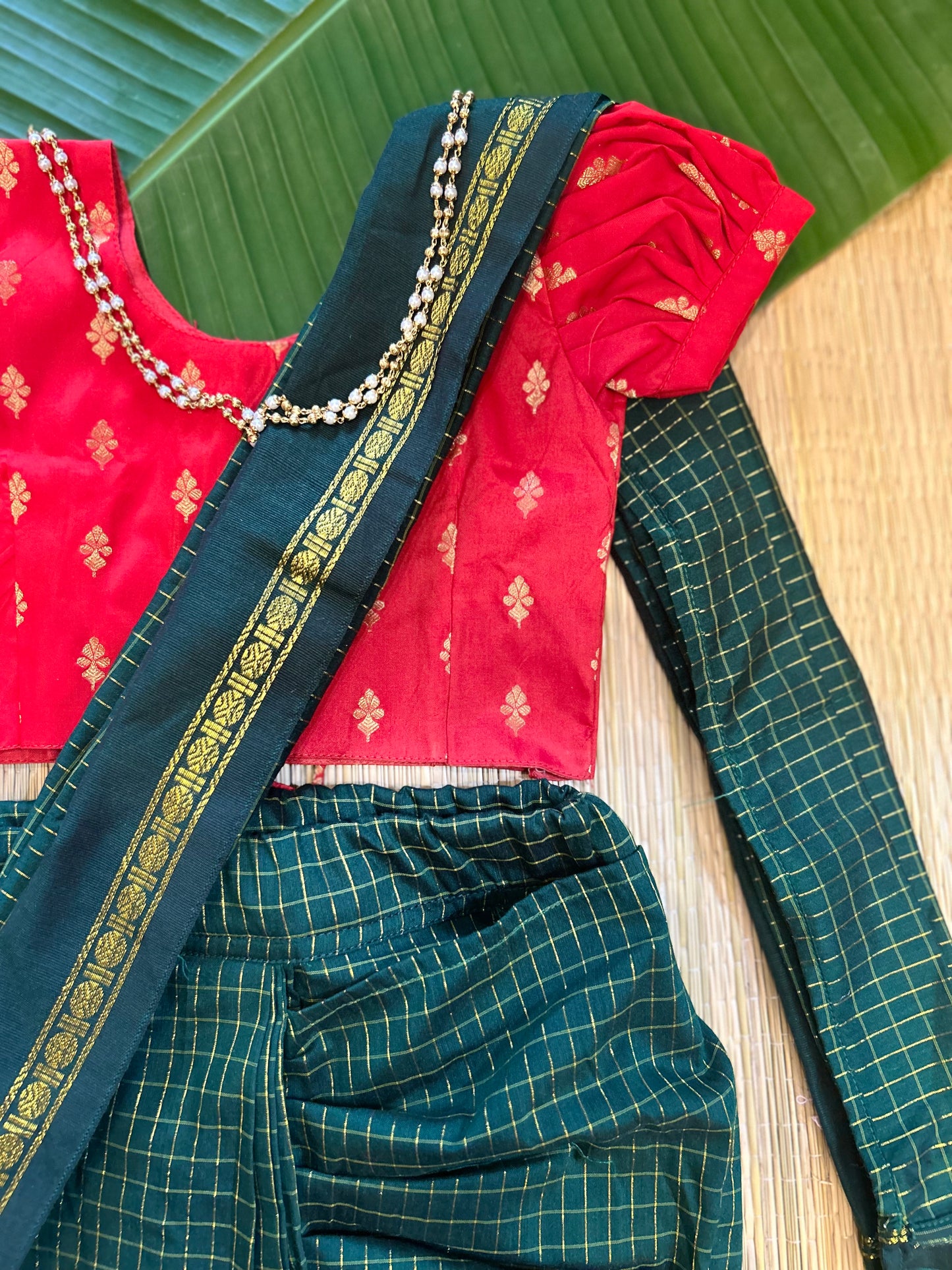 Bottle green and red - Ready to wear muttukattam saree for kids Ethnic wear for baby girl
