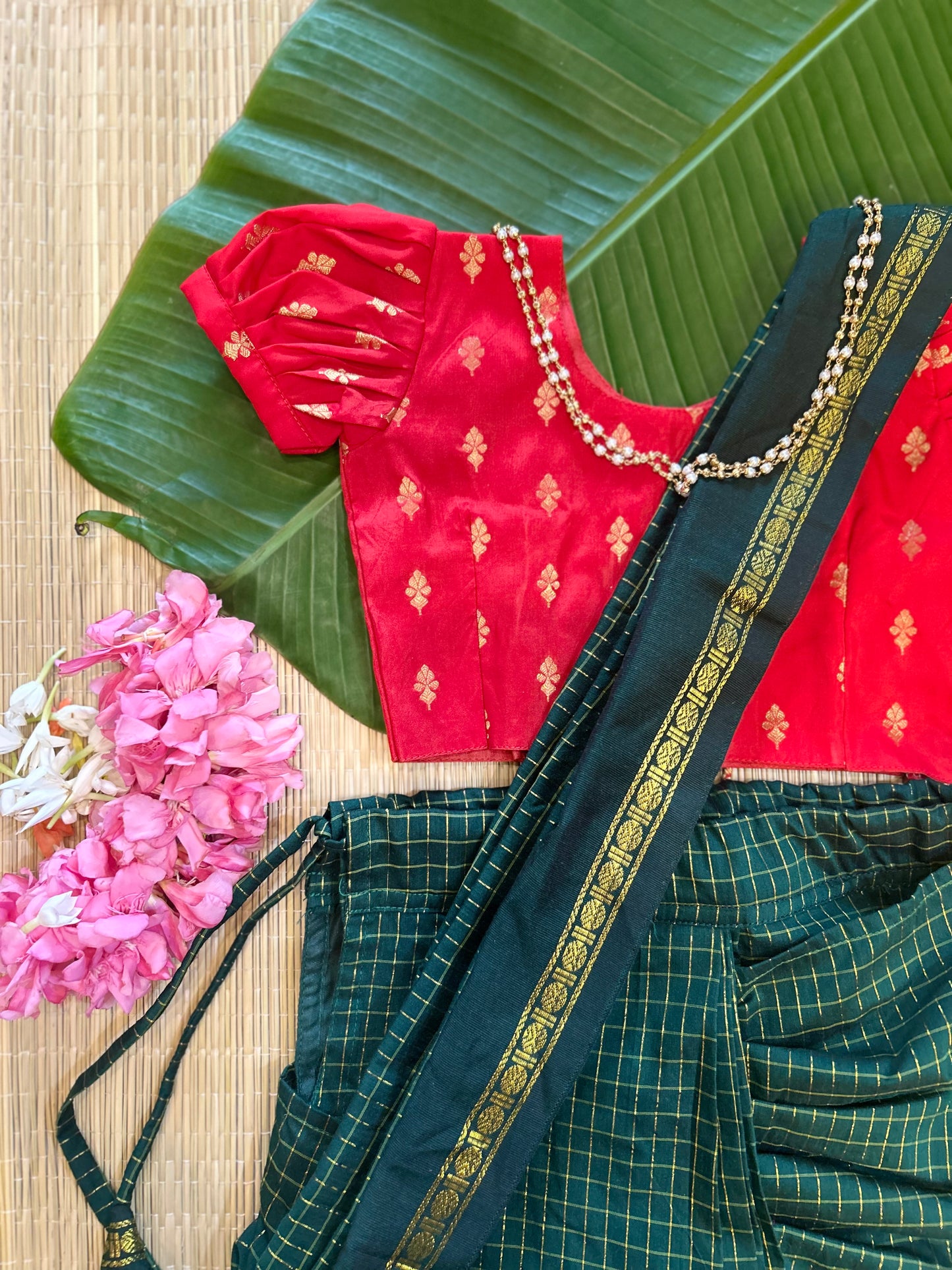 Bottle green and red - Ready to wear muttukattam saree for kids Ethnic wear for baby girl