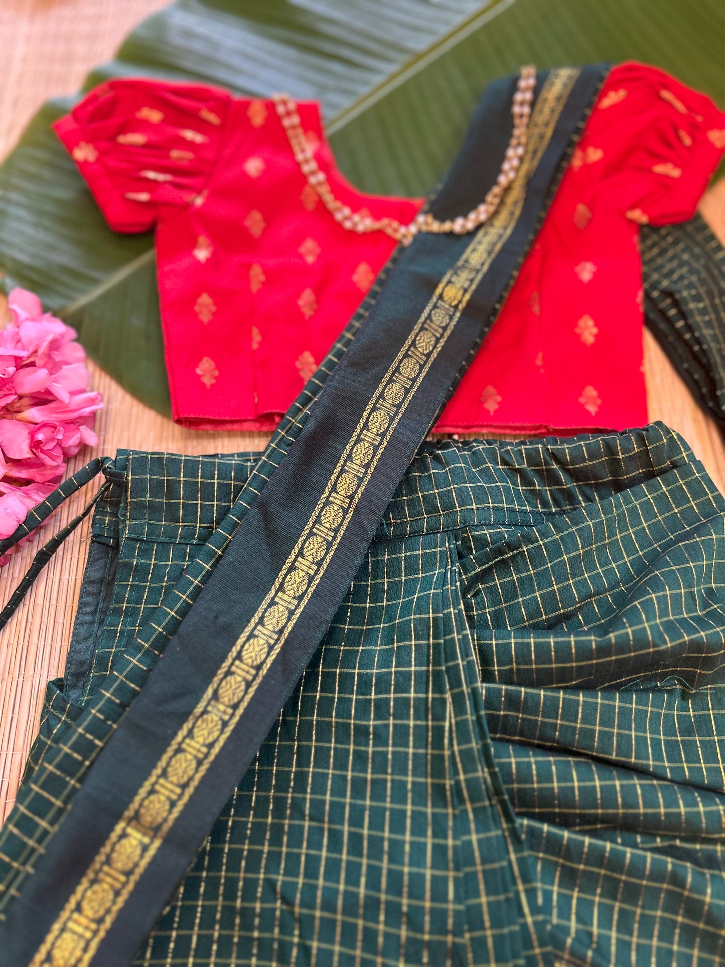 Bottle green and red - Ready to wear muttukattam saree for kids Ethnic wear for baby girl