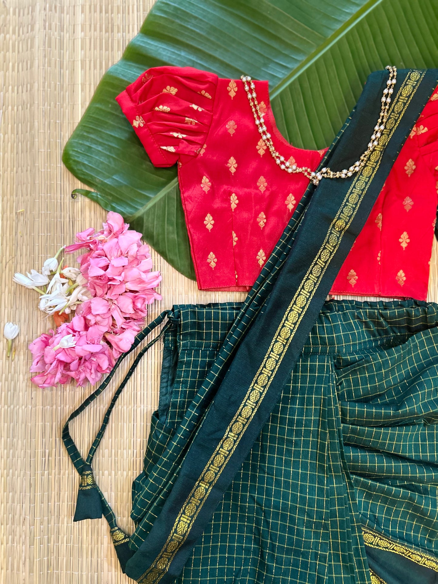 Bottle green and red - Ready to wear muttukattam saree for kids Ethnic wear for baby girl
