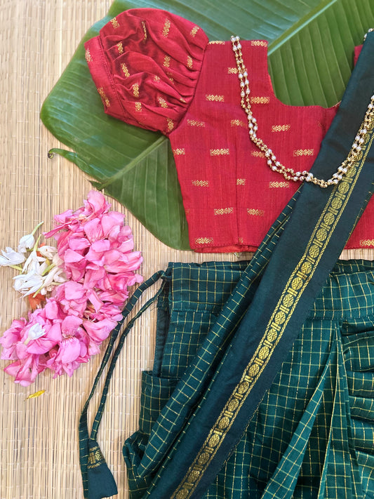 Bottle green and maroon  - Ready to wear muttukattam saree for kids Ethnic wear for baby girl
