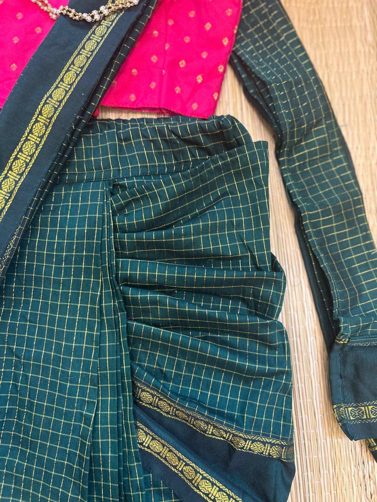 Bottle green with festive pink - Ready to wear muttukattam cotton silk saree for kids Ethnic wear for baby girl