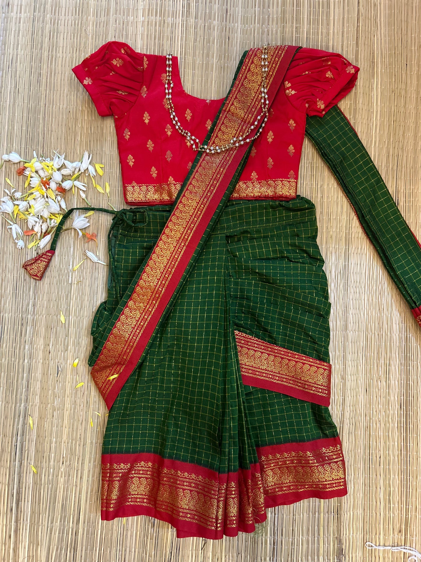 Red and bottle green - Ready to wear saree for kids Ethnic wear for baby girl