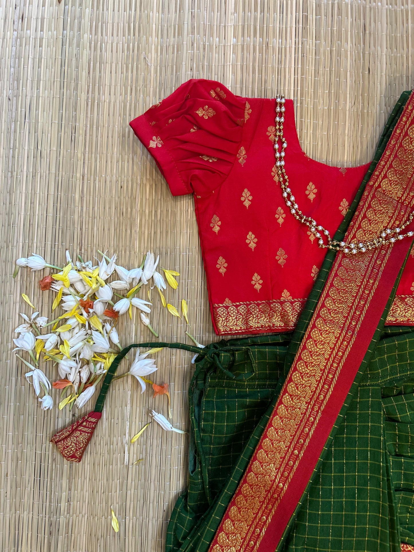 Red and bottle green - Ready to wear saree for kids Ethnic wear for baby girl
