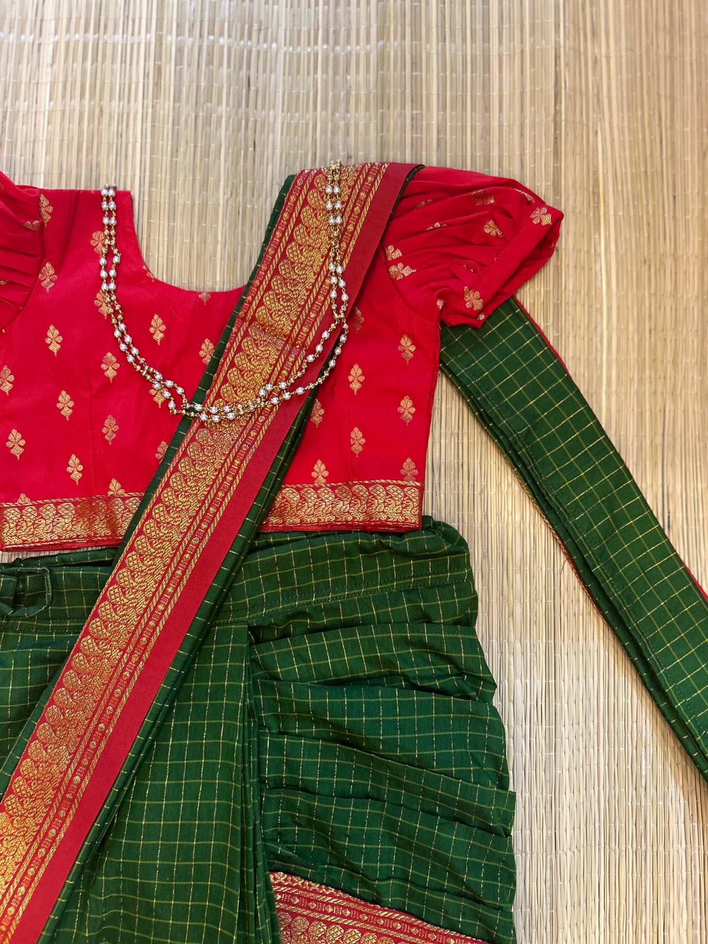 Red and bottle green - Ready to wear saree for kids Ethnic wear for baby girl