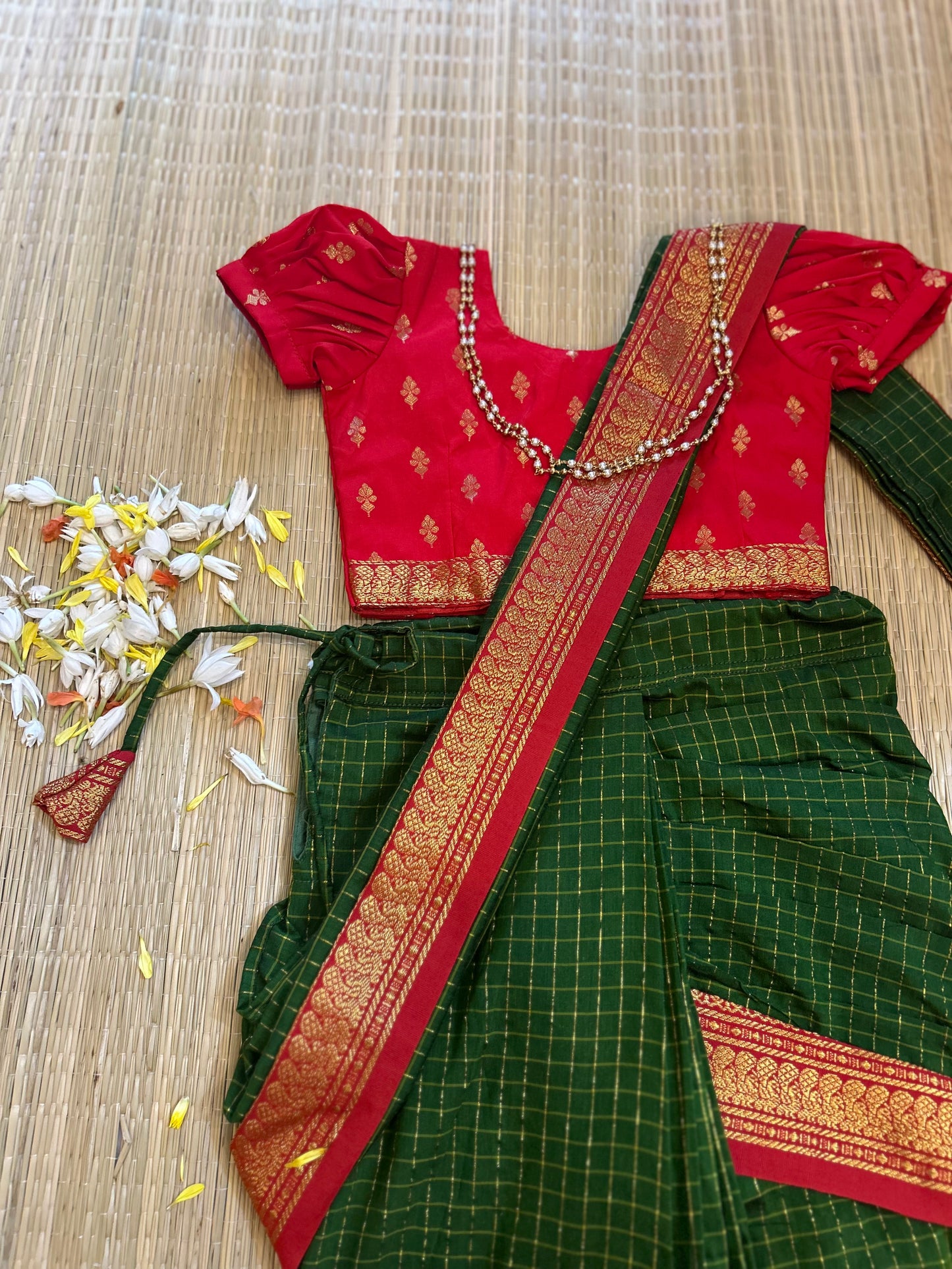 Red and bottle green - Ready to wear saree for kids Ethnic wear for baby girl