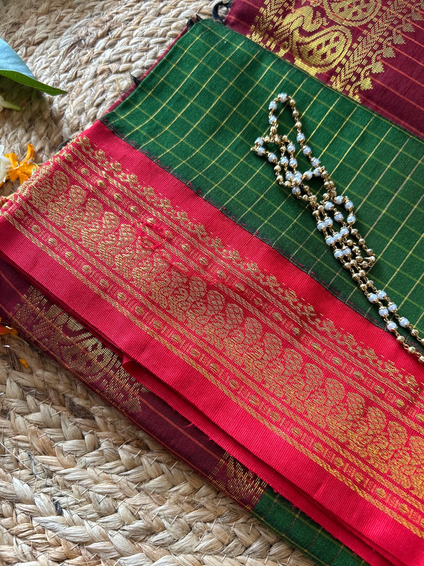 Bottle Green with Red - Premium Cotton Silk Saree with Contrast Blouse