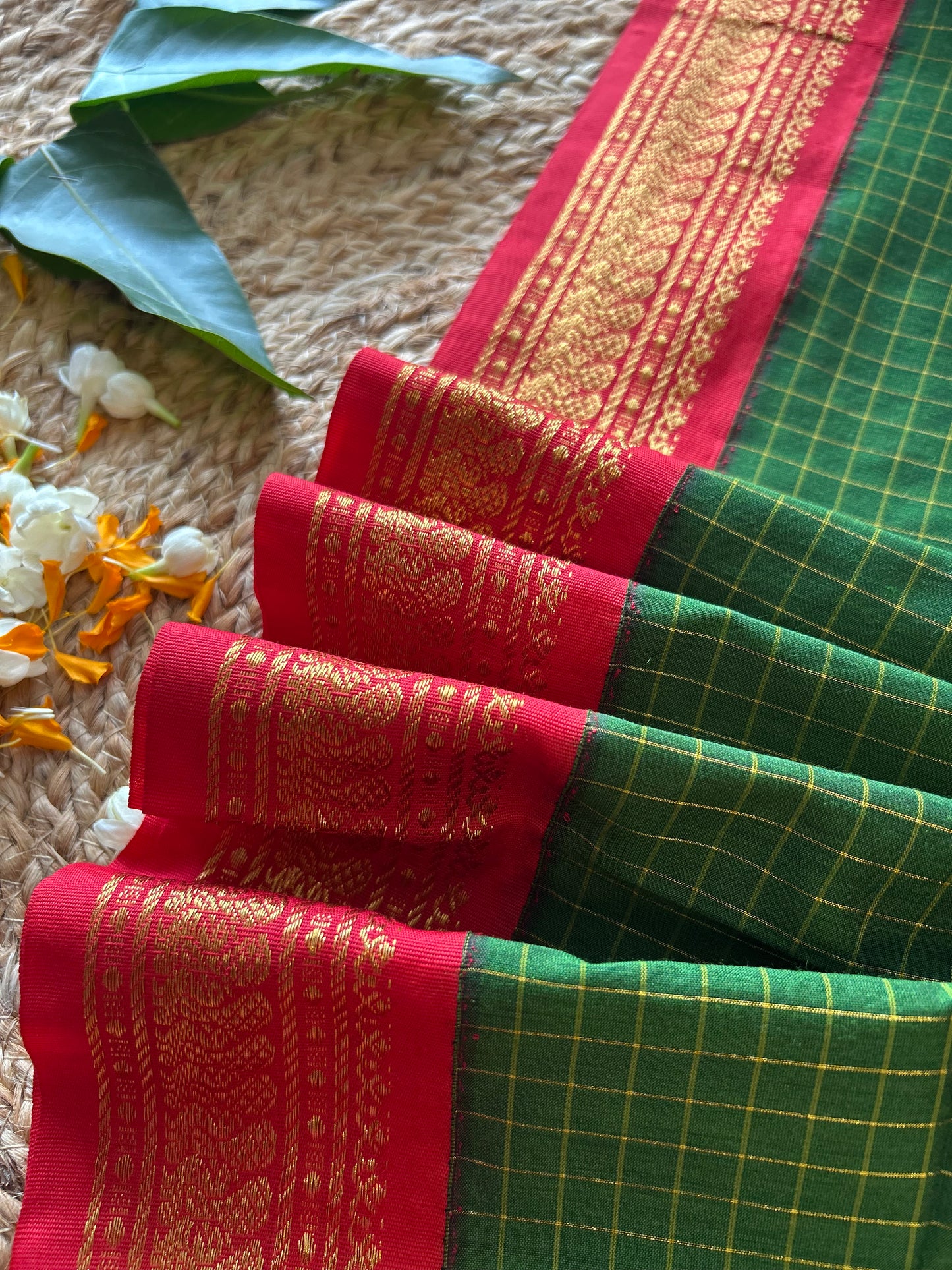 Bottle Green with Red - Premium Cotton Silk Saree with Contrast Blouse