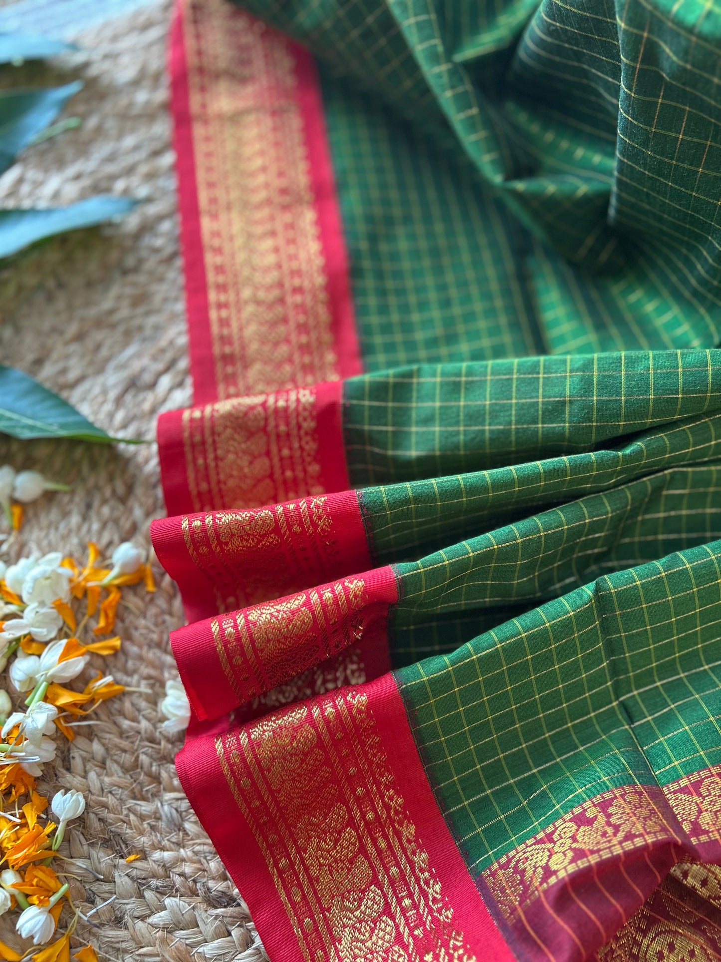 Bottle Green with Red - Premium Cotton Silk Saree with Contrast Blouse