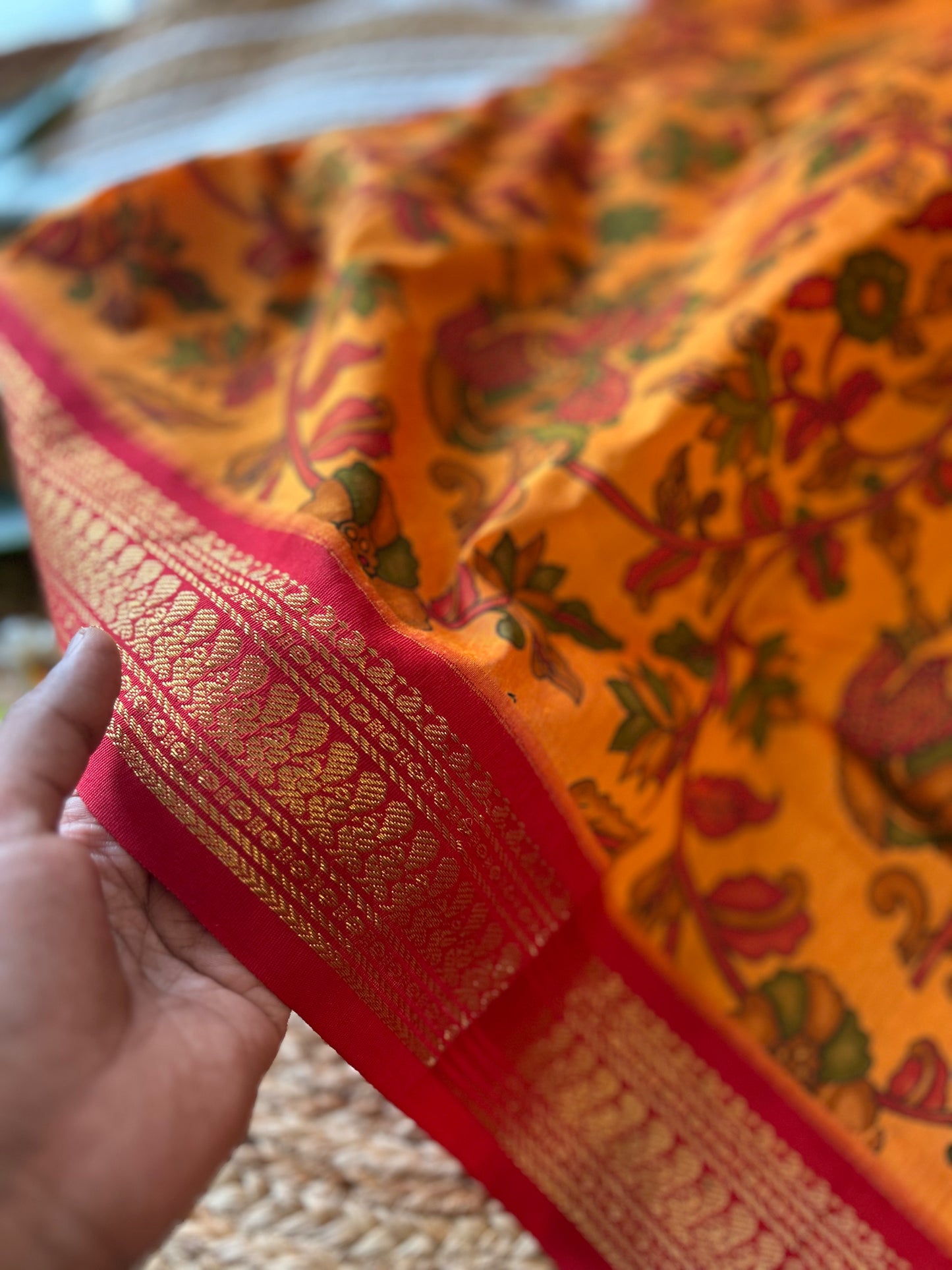 Yellow kalamkari with Red Border - Premium Cotton Silk Saree with Contrast Blouse