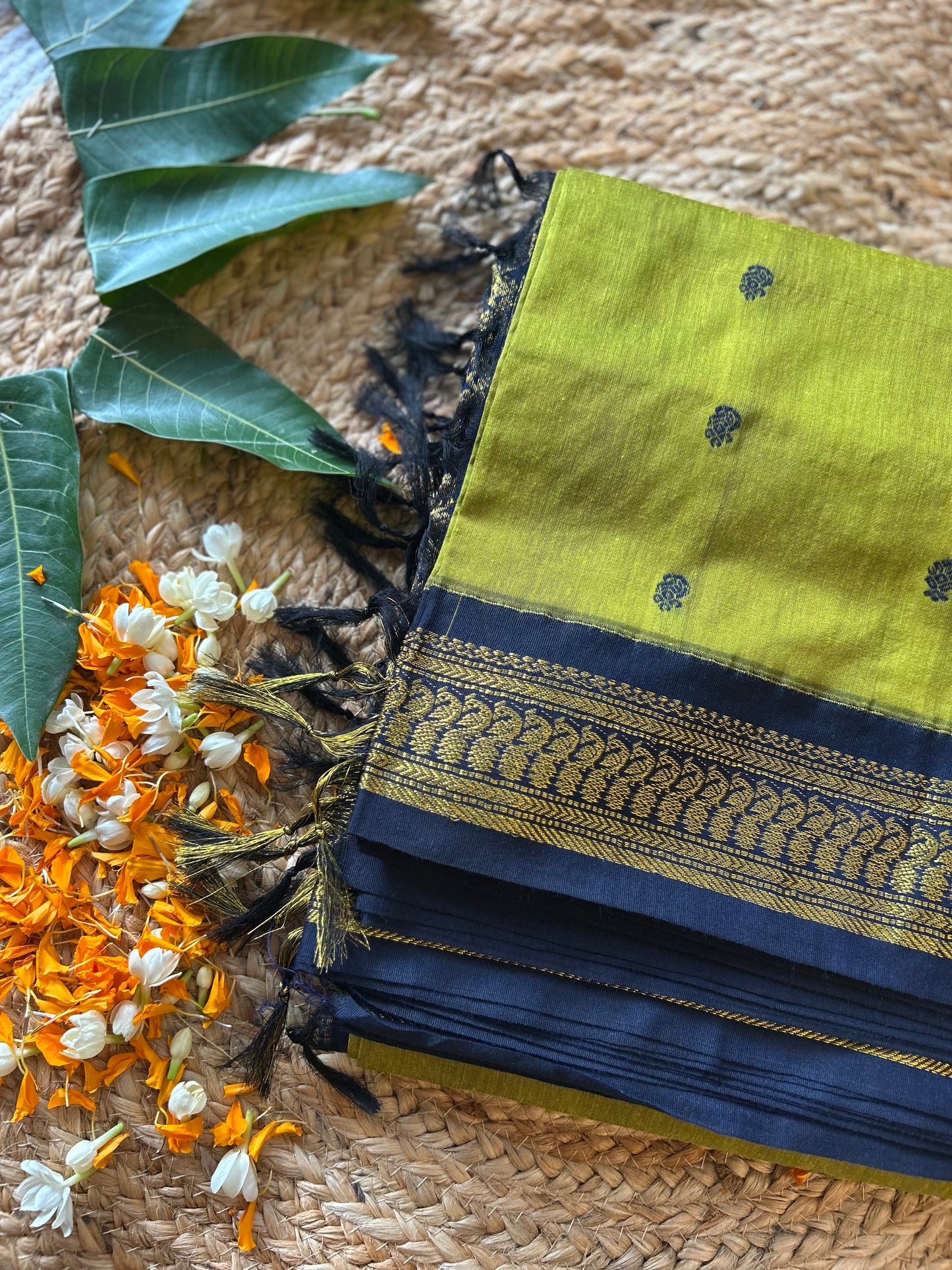 Green with Dark Blue border with zari work - Premium Cotton Silk Saree with Contrast Blouse