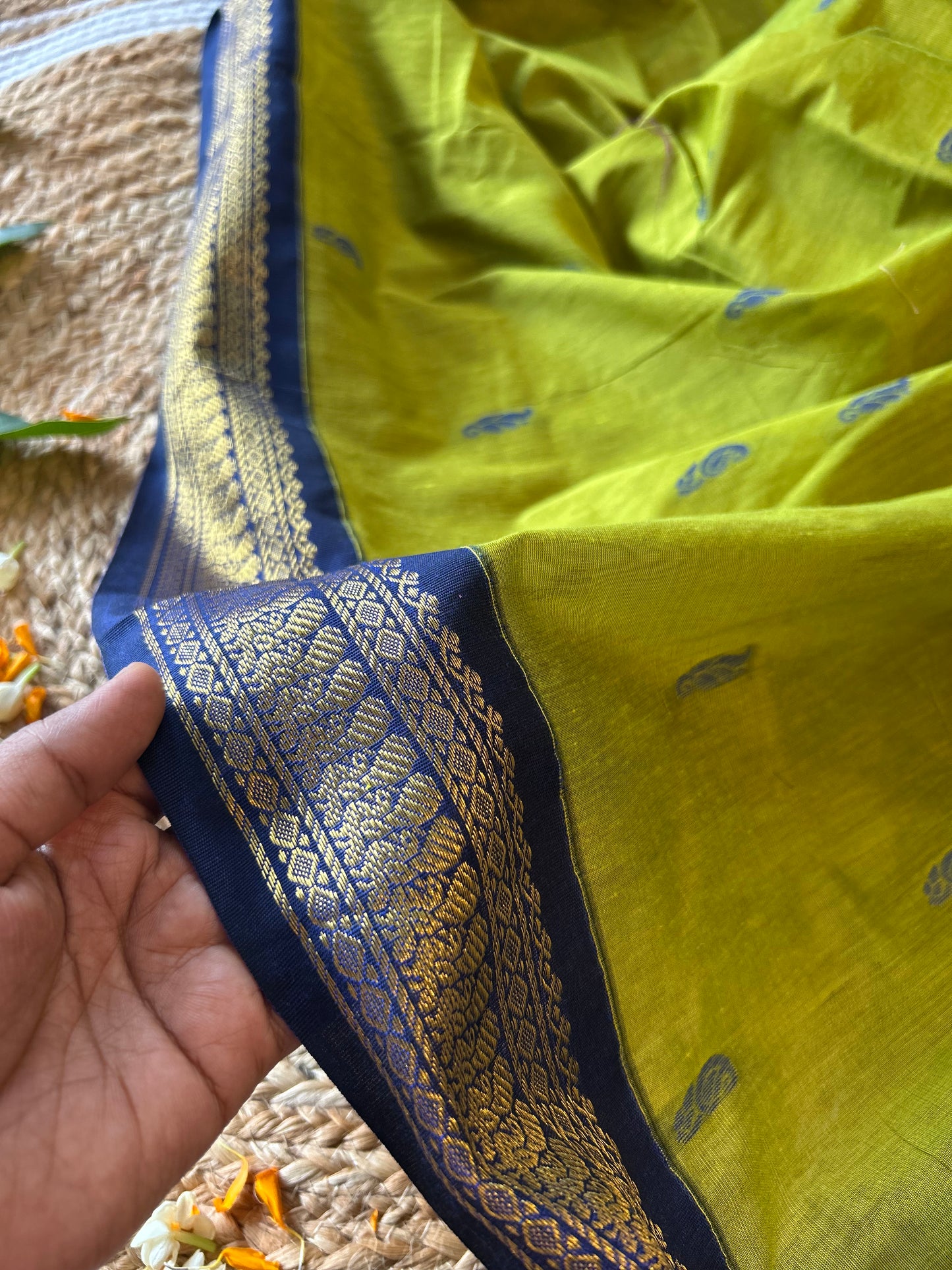 Green and blue kurta dhoti and saree - mom and son combo