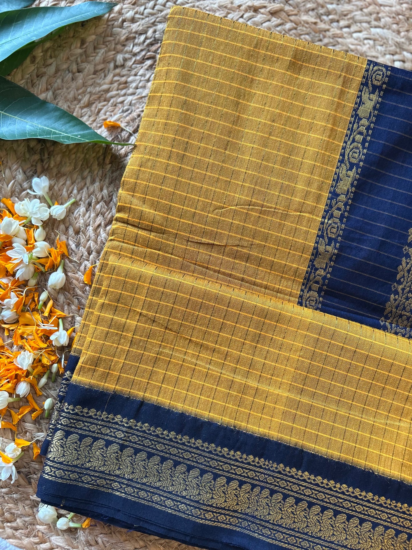 Mustard yellow and navy blue border - Premium Checked Cotton Silk Saree with Contrast Blouse