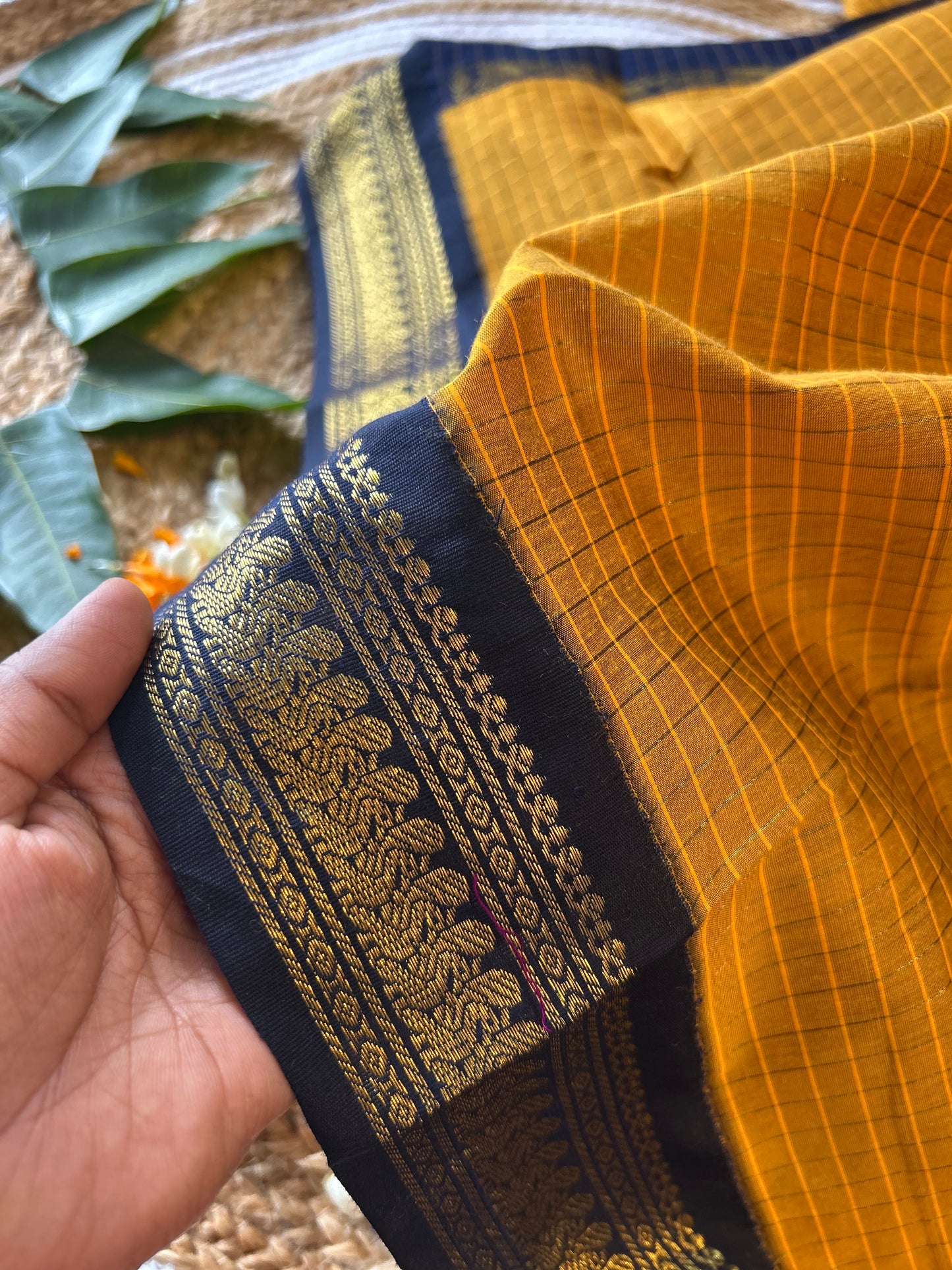 Mustard yellow and navy blue border - Premium Checked Cotton Silk Saree with Contrast Blouse