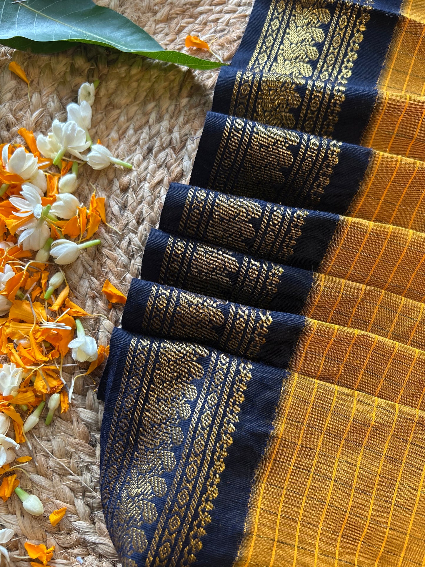 Mustard yellow and navy blue border - Premium Checked Cotton Silk Saree with Contrast Blouse