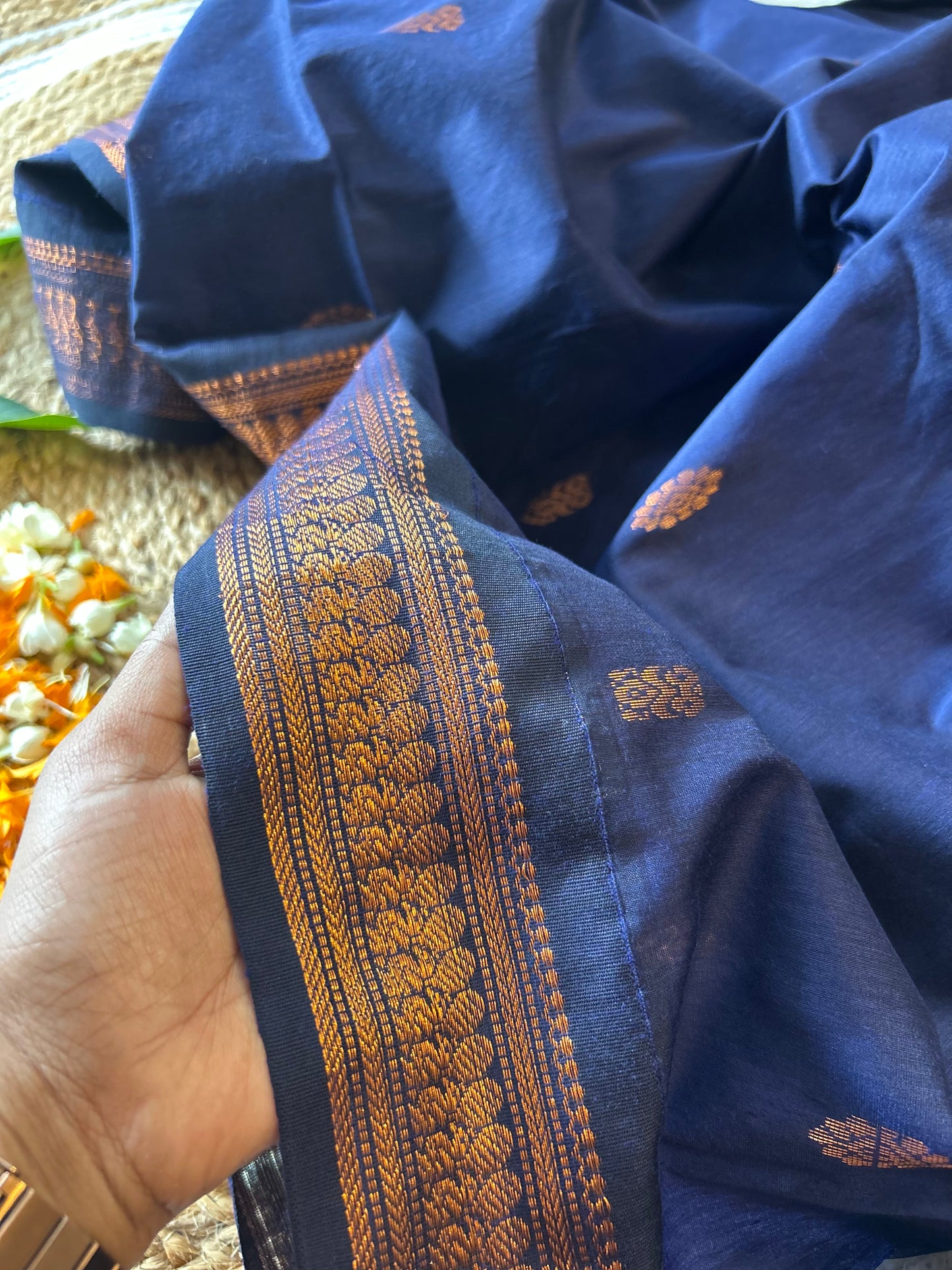 Royal Blue with copper zari Cotton silk saree