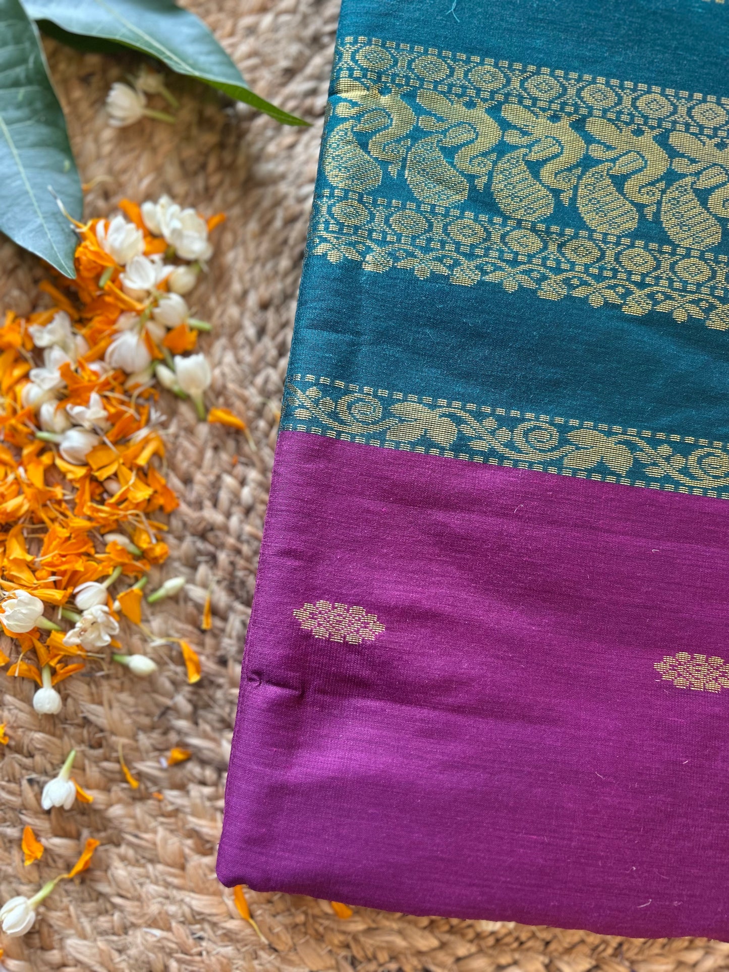 Wine with bottle green - Premium Cotton Silk Saree with Contrast Blouse