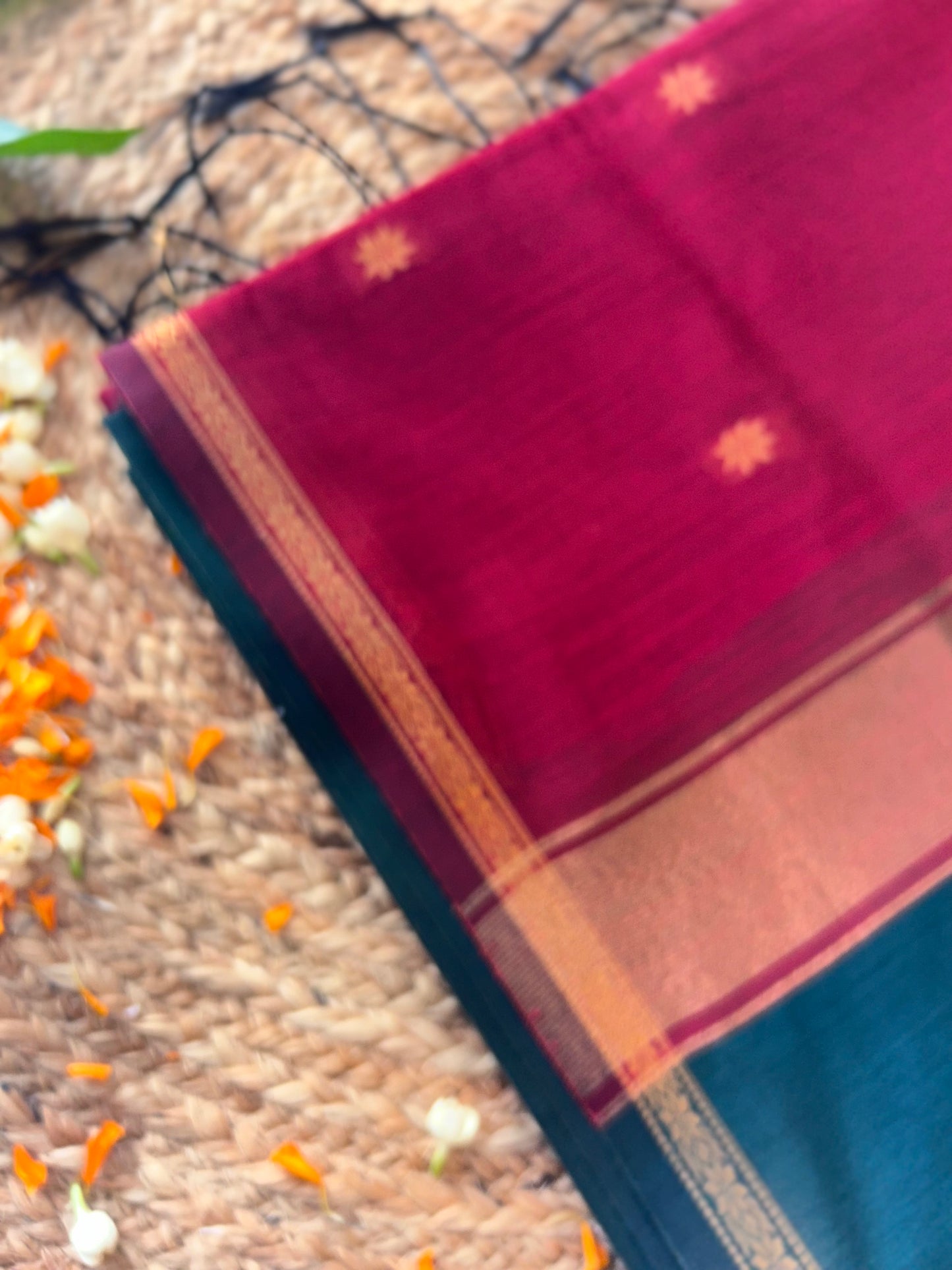 Bottle green with maroon - Premium Cotton Silk Saree with Contrast Blouse