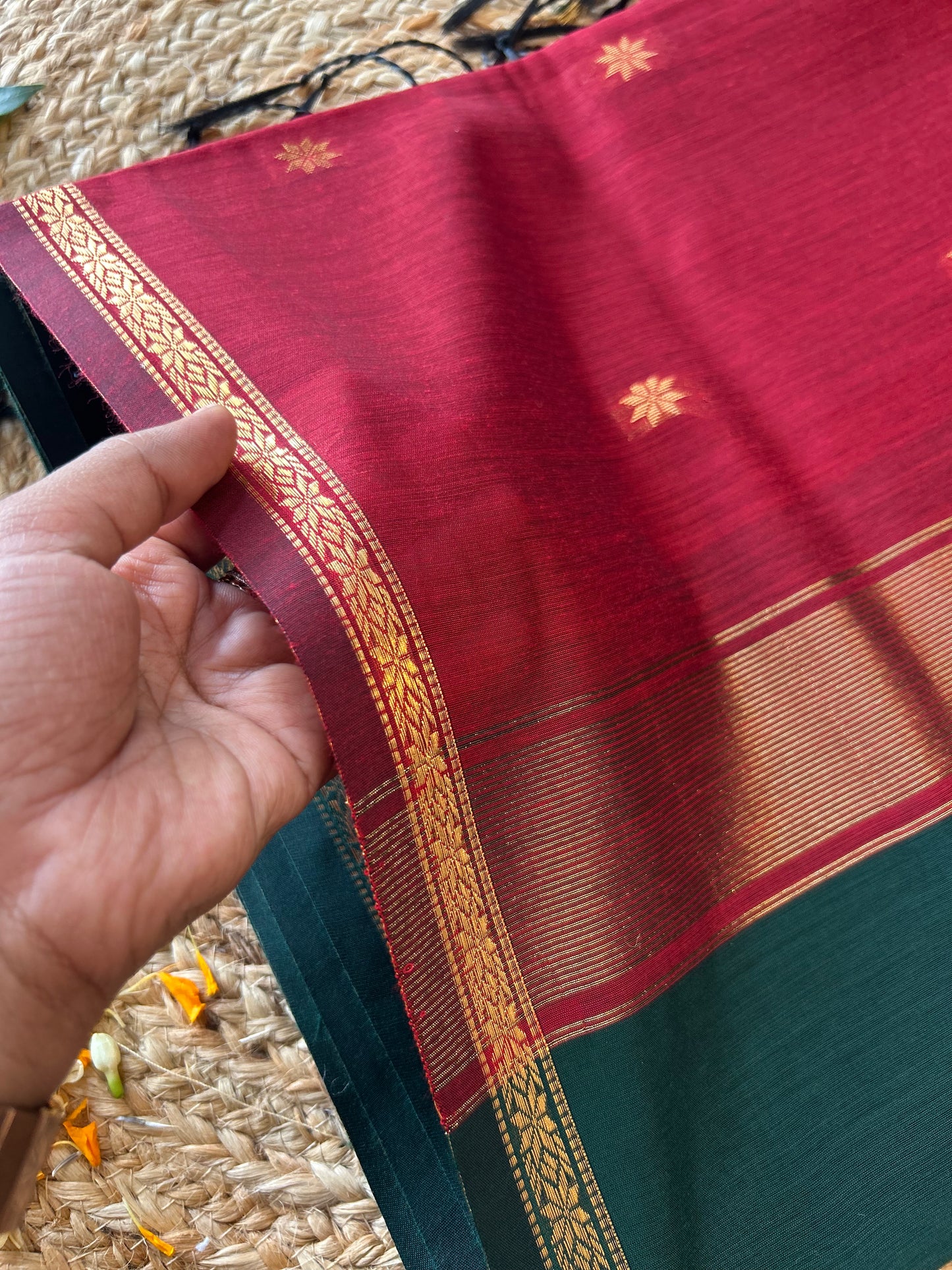 Bottle green with maroon - Premium Cotton Silk Saree with Contrast Blouse