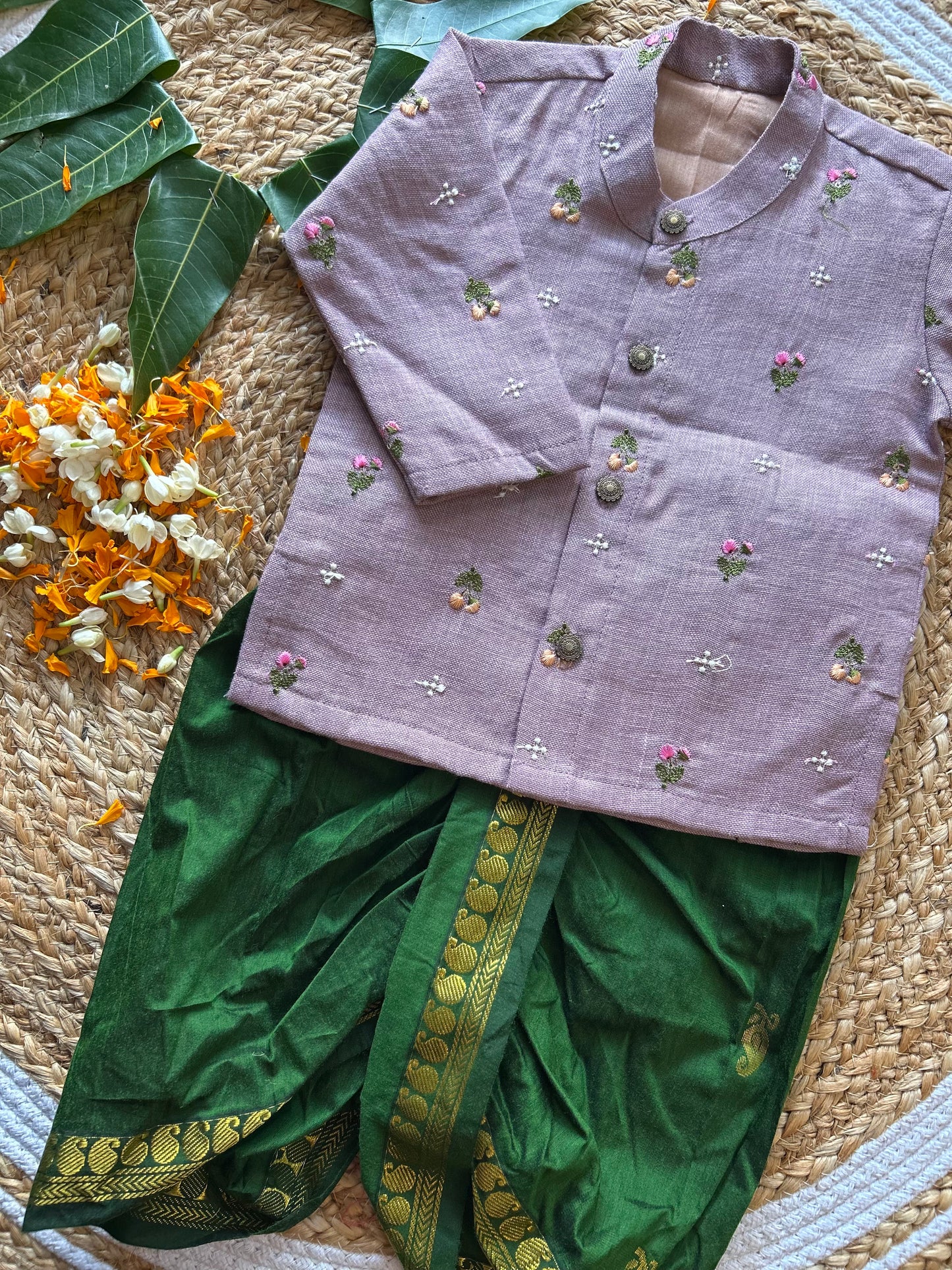 Pure Linen Lavender and Bottle green Kurta Dhoti