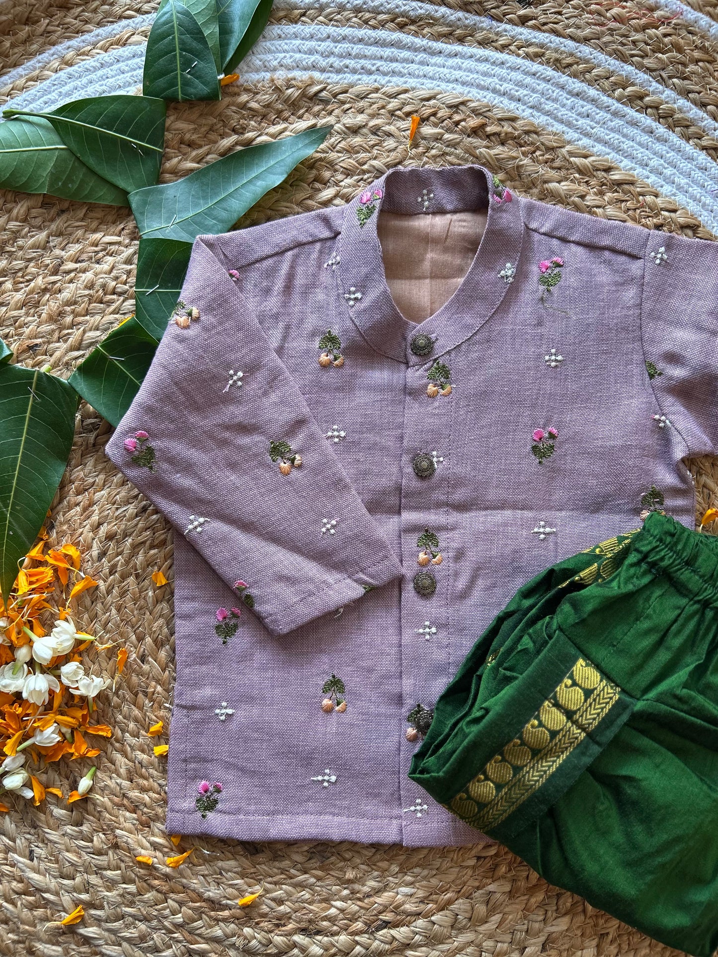 Pure Linen Lavender and Bottle green Kurta Dhoti