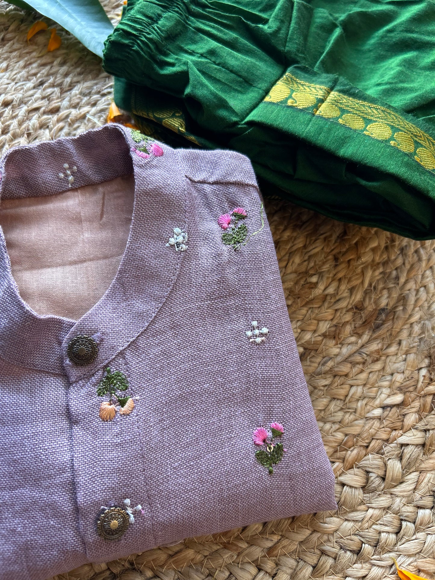 Pure Linen Lavender and Bottle green Kurta Dhoti