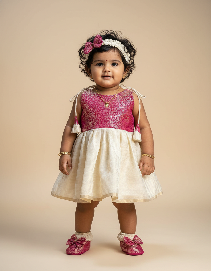 Kerala Special - Pink with milk white frock for festivals with head bow, shoes and undie for baby girl