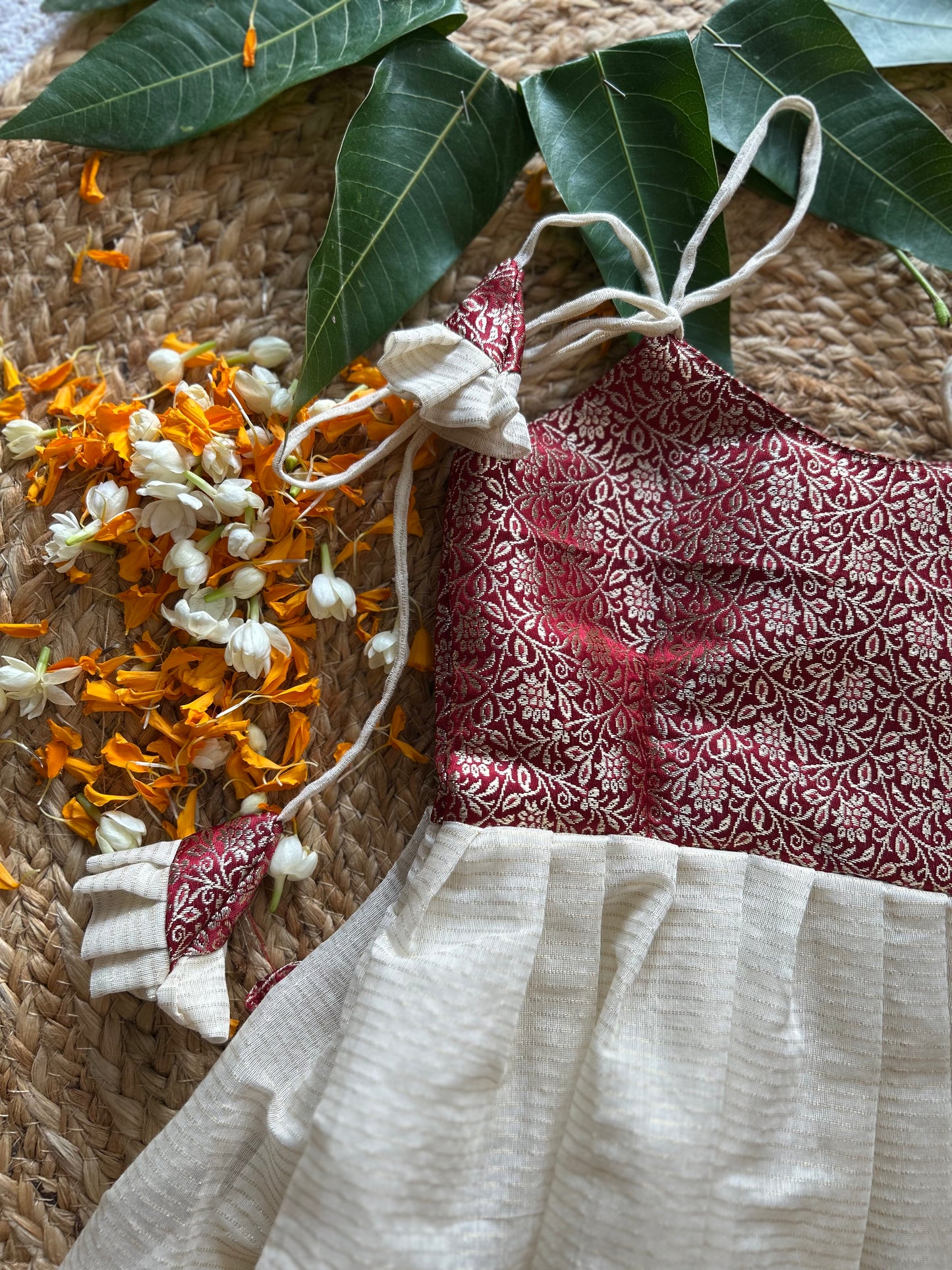 Kerala Special - Maroon with milk white frock for festivals with head bow, shoes and undie for baby girl