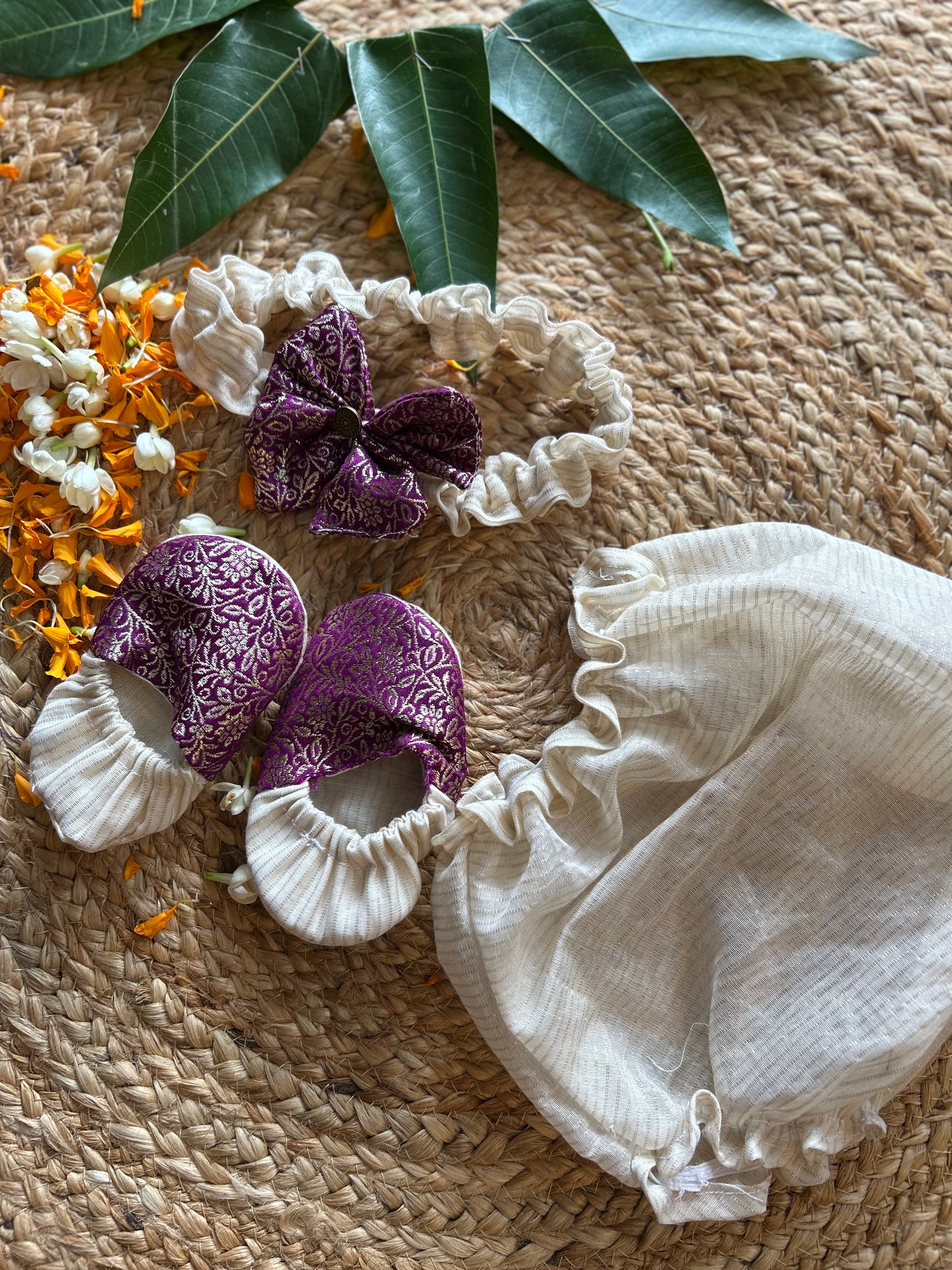 Kerala Special - Wine with milk white frock for festivals with head bow, shoes and undie for baby girl