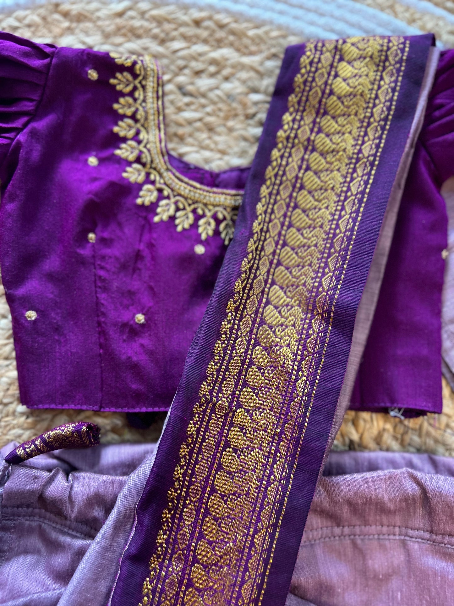 Lavendar wine - Ready to wear baby saree & cotton silk saree mom and daughter combo set