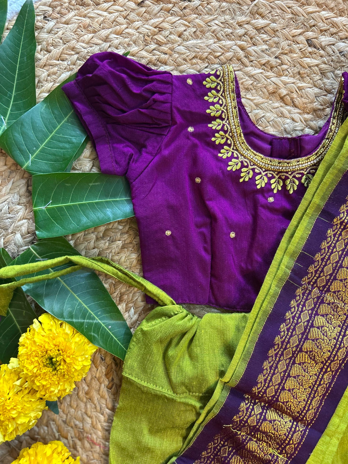 Green and wine - ready to wear baby saree & cotton silk saree mom and daughter combo set