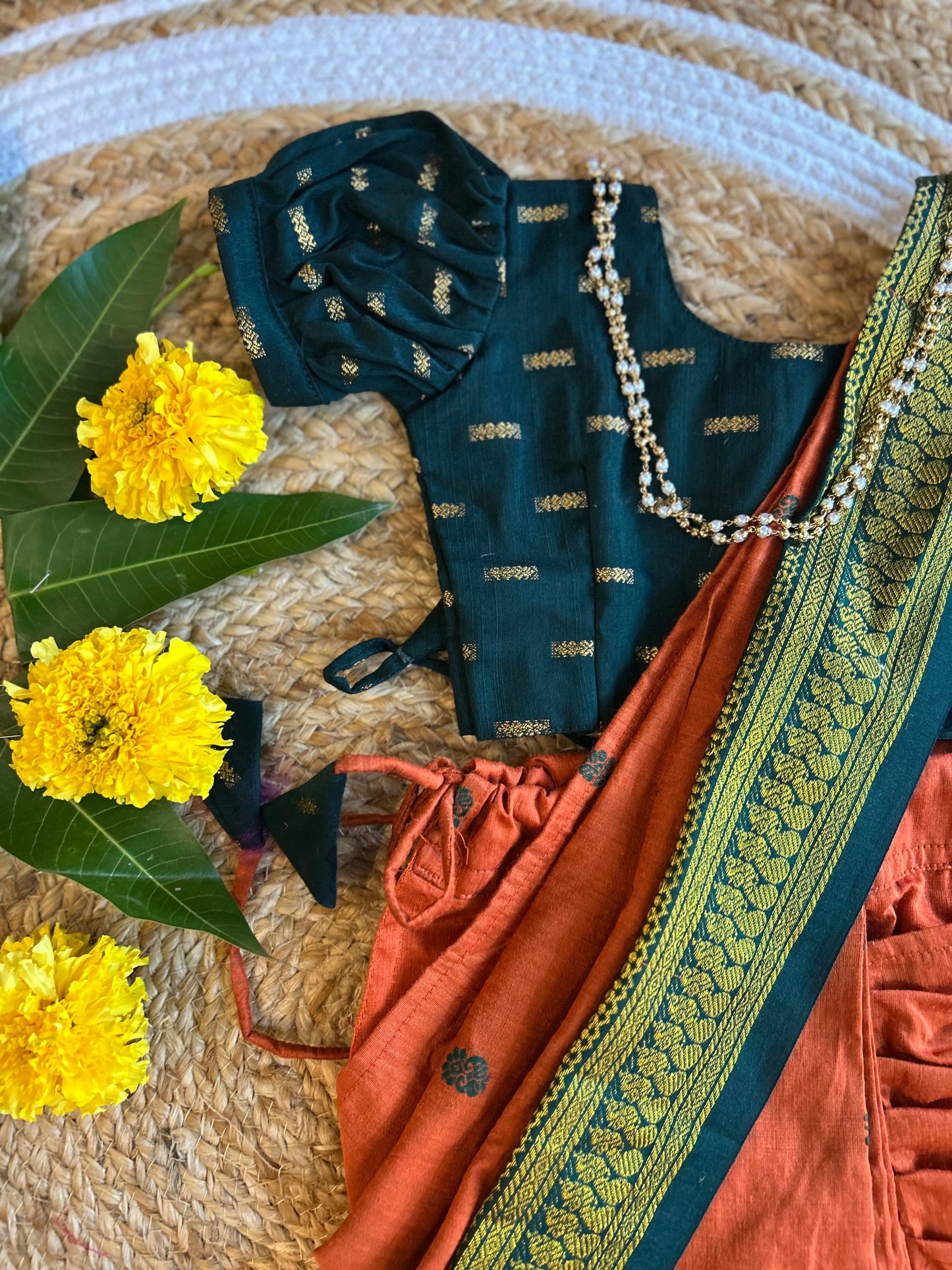 Bottle green and orange - Ready to wear saree for kids Ethnic wear for baby girl