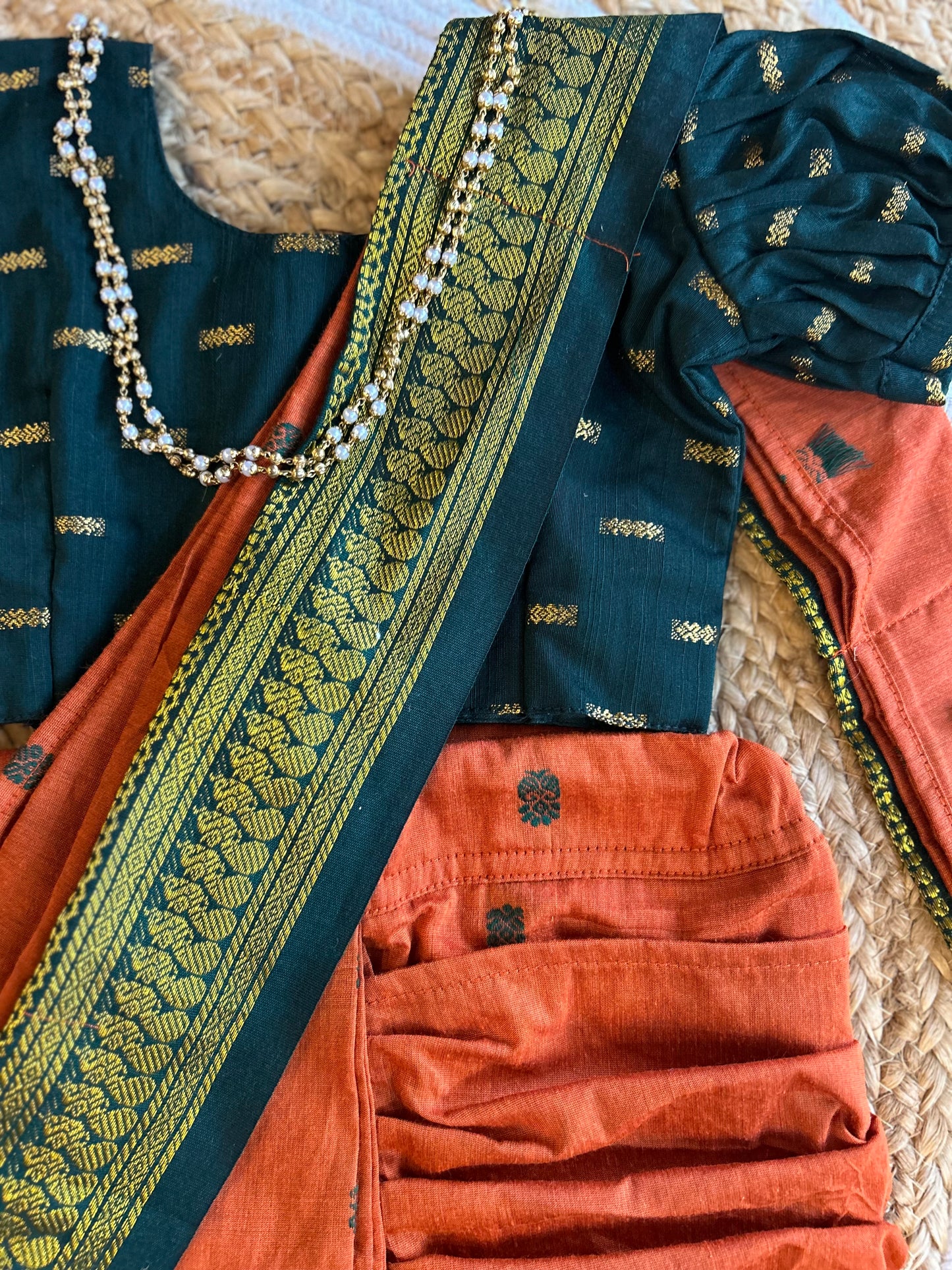 Bottle green and orange - Ready to wear saree for kids Ethnic wear for baby girl