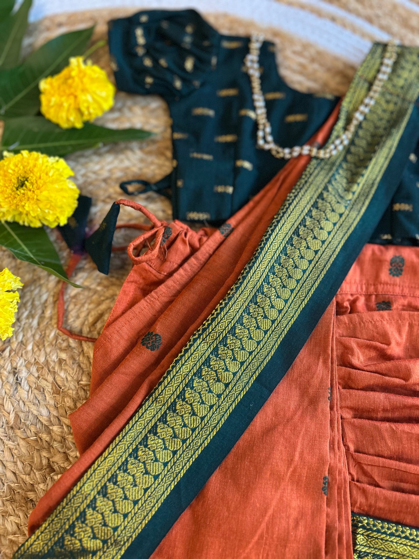 Bottle green and orange - Ready to wear saree for kids Ethnic wear for baby girl