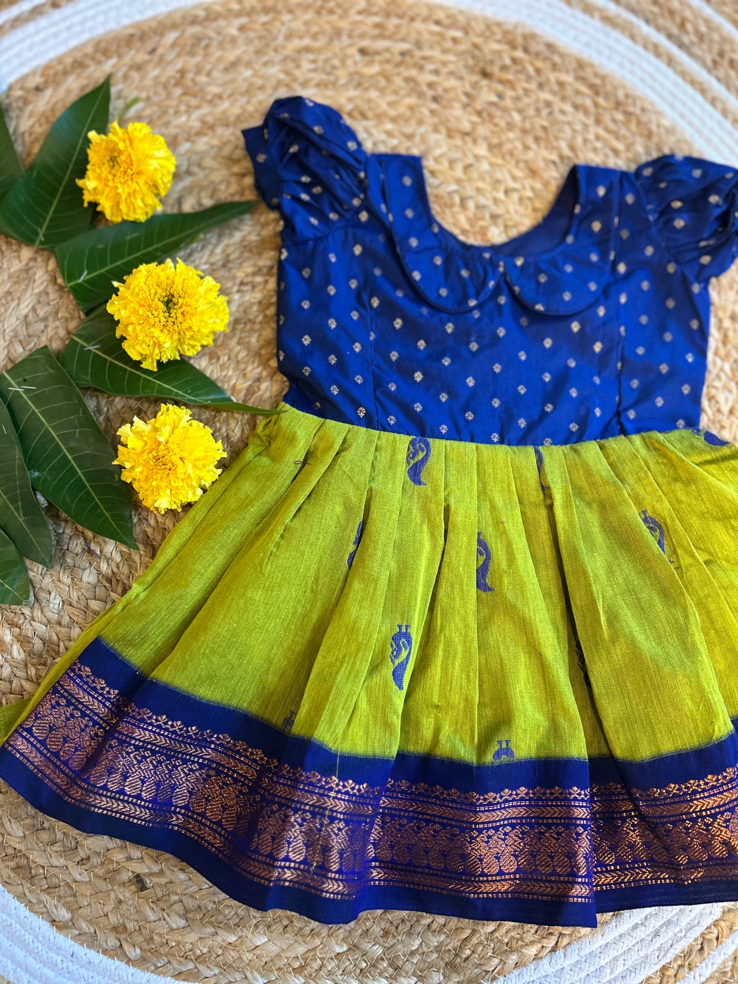 Blue and green (vintage collar) - Kanchi Cotton Silk Ethnic Wear for Baby Girl