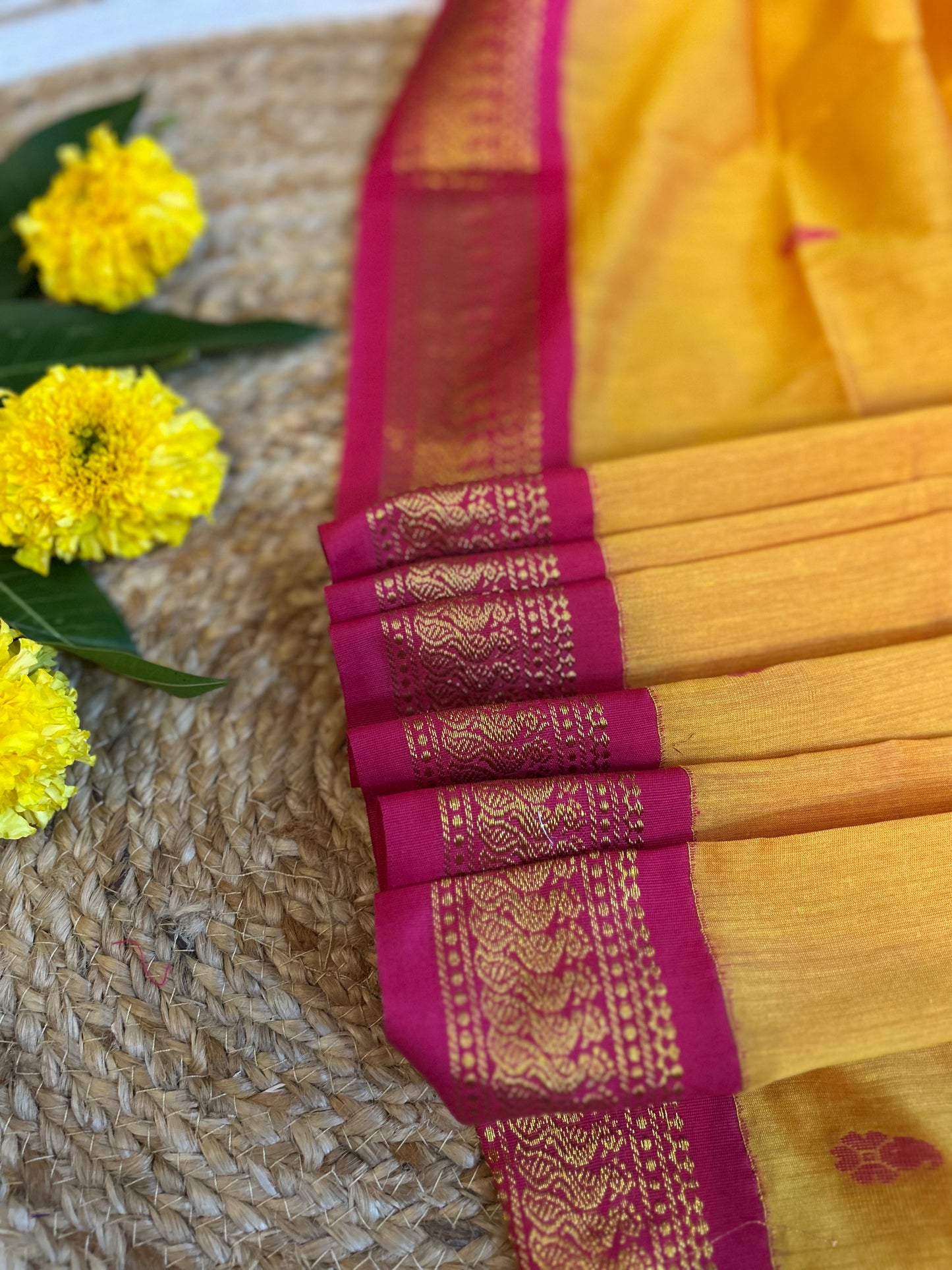 Mango Yellow with Hot Pink - Premium Cotton Silk Saree with Contrast Blouse