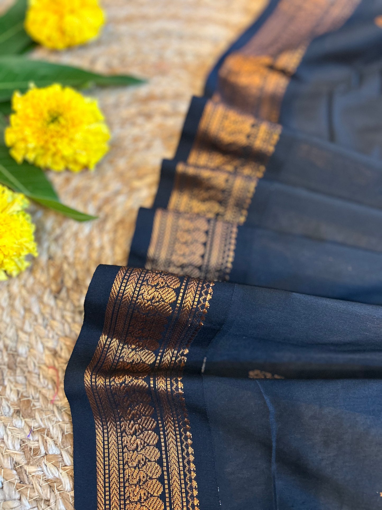 Black with copper zari border - Premium Cotton Silk Saree with Contrast Blouse