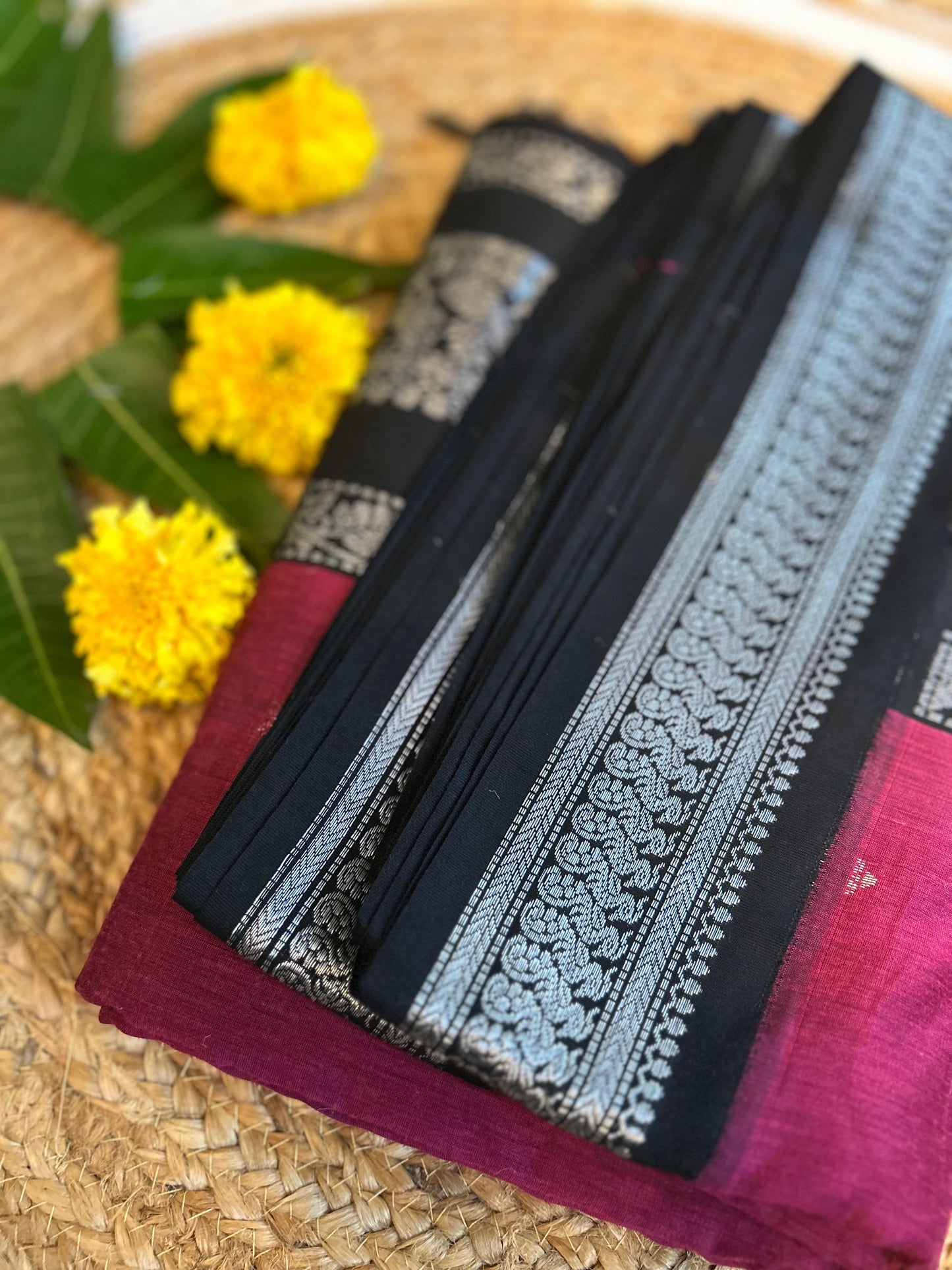 Pink and black - Premium Cotton Silk Saree with Contrast Blouse