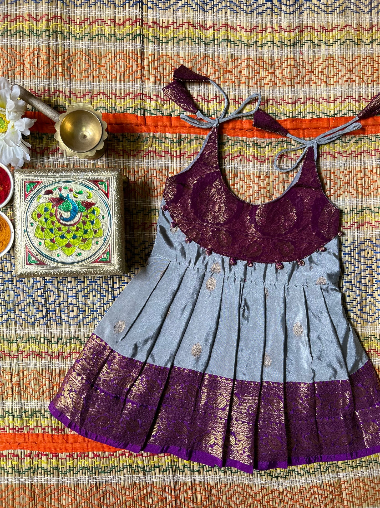 Rukmini - Steel Grey with deep pink (Big Border) pattu silk ethnic wear for baby girl