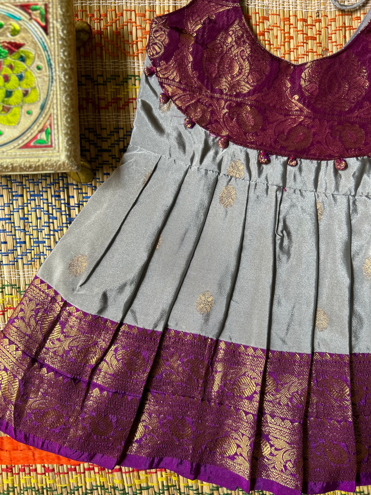 Rukmini - Steel Grey with deep pink (Big Border) pattu silk ethnic wear for baby girl