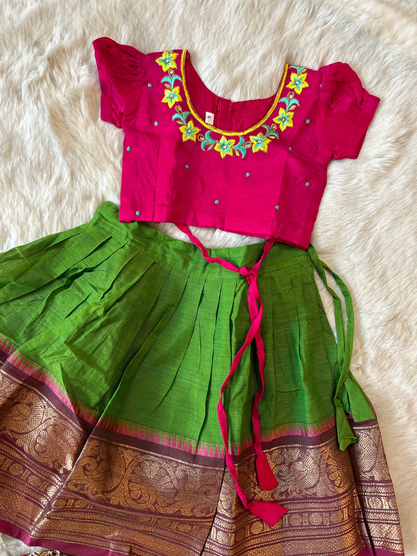 Embroideried pink blouse with green cotton silk langa for baby girl ethnic wear