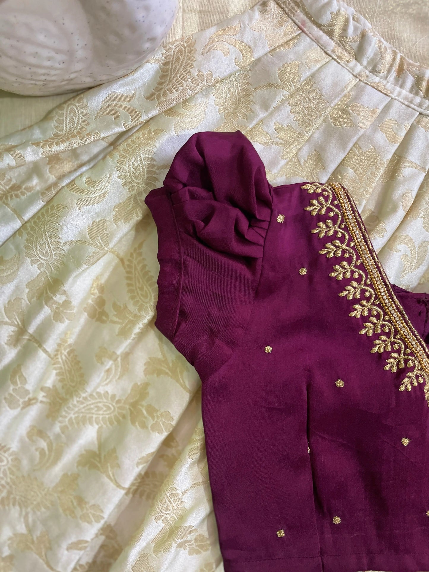 Wine and white silk south indian ethnic wear langa blouse for baby girl