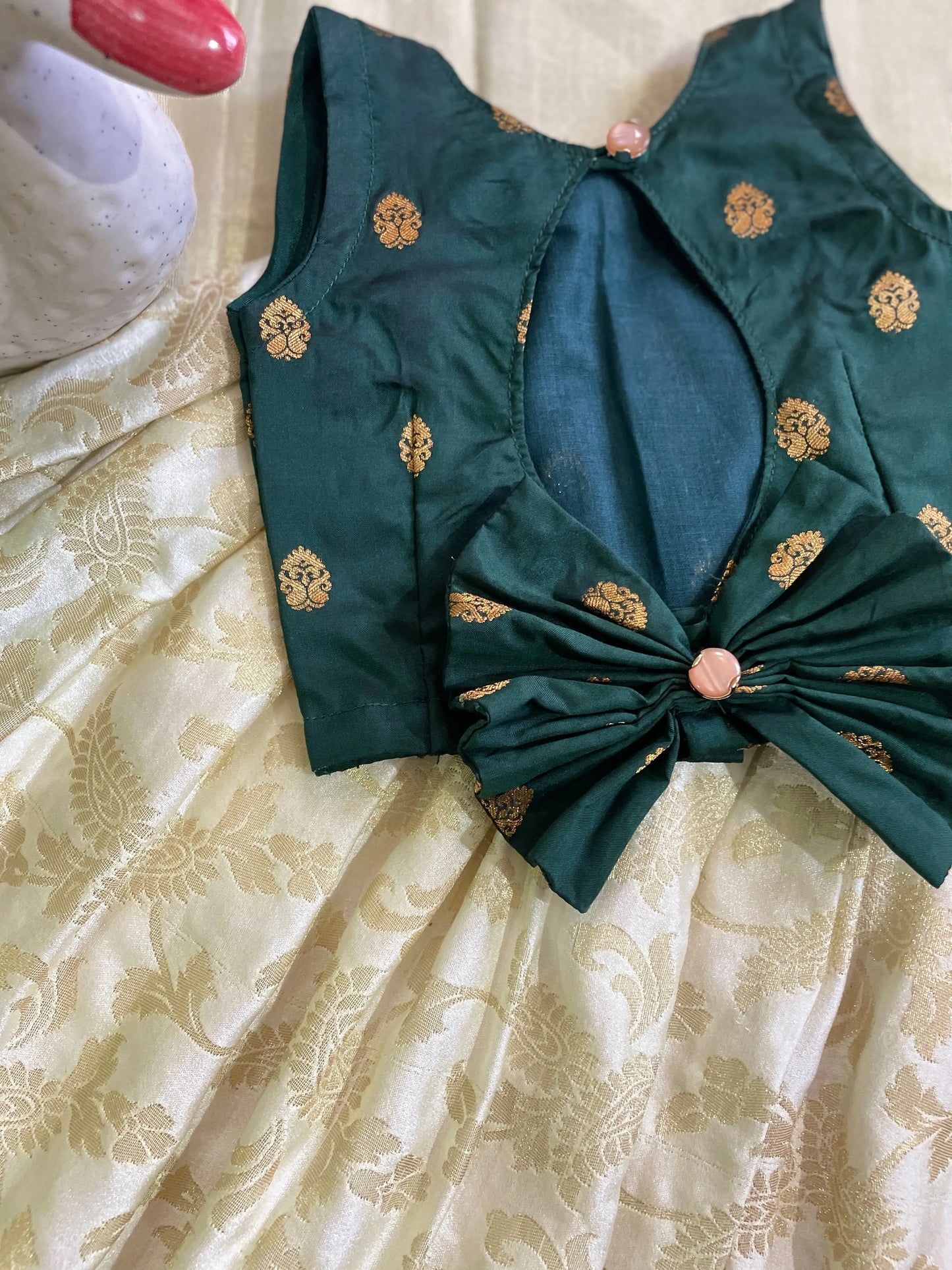 Bottle green with white silk south indian ethnic wear langa blouse for baby girl